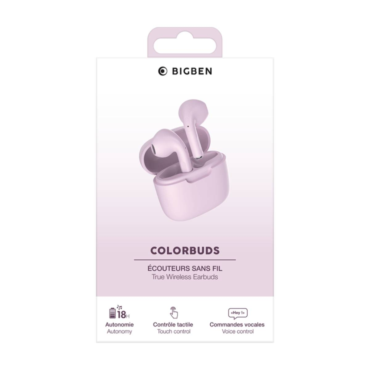 Auricolari e custodia di ricarica rosa in una scatola del prodotto. Sfondo bianco.