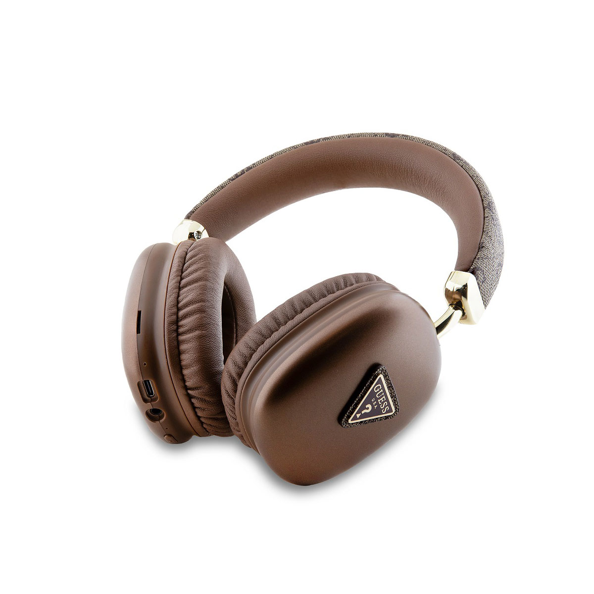Braune Guess-Kopfhörer mit dunklem Band, weißer Hintergrund.