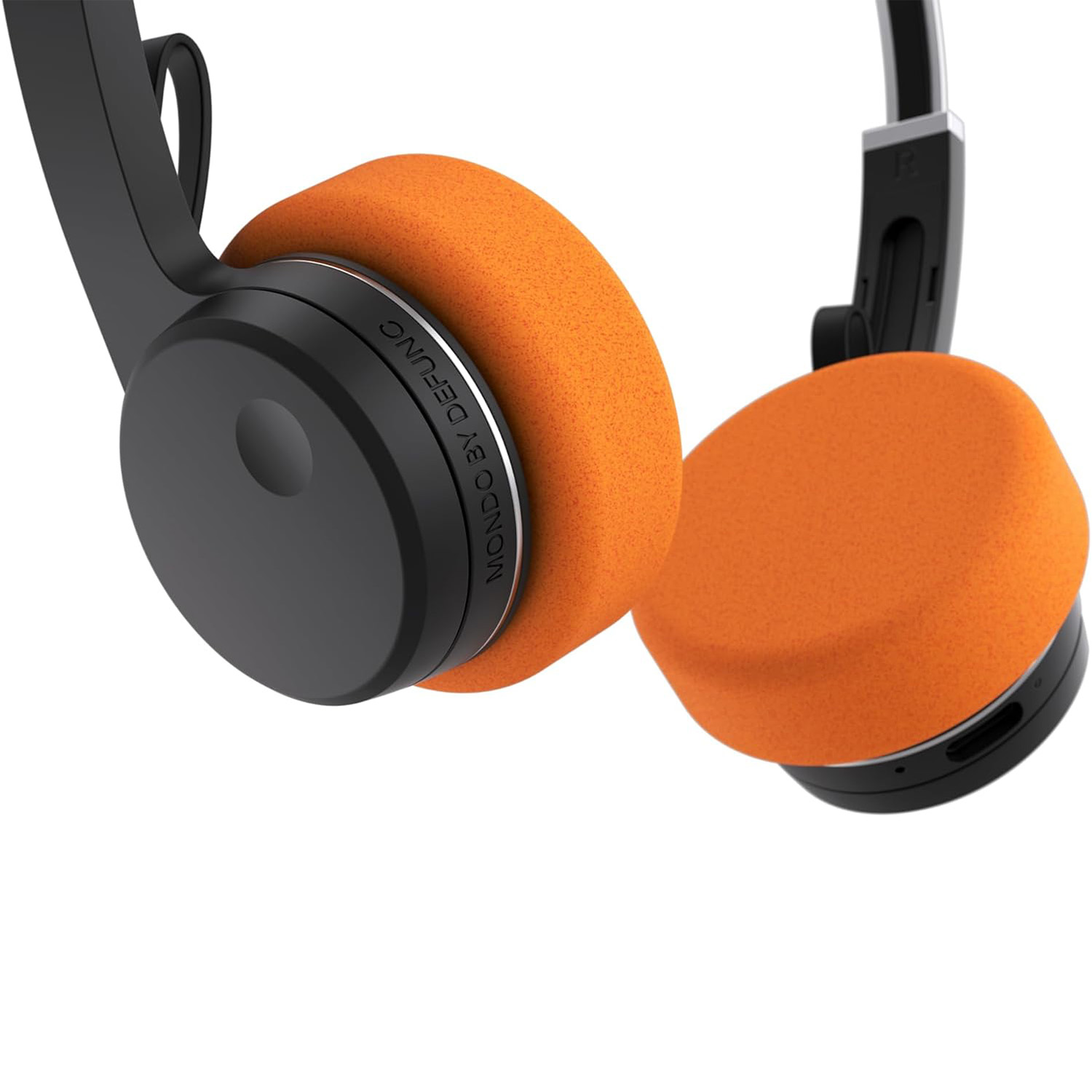 Cuffie con padiglioni auricolari arancioni e montatura nera. I padiglioni sono rotondi e hanno testo.