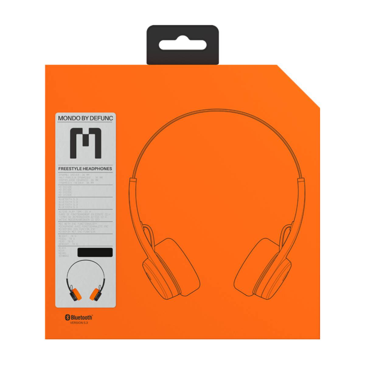Scatola arancione con cuffie. La scatola ha una grafica di cuffie e testo. Logo Bluetooth presente.