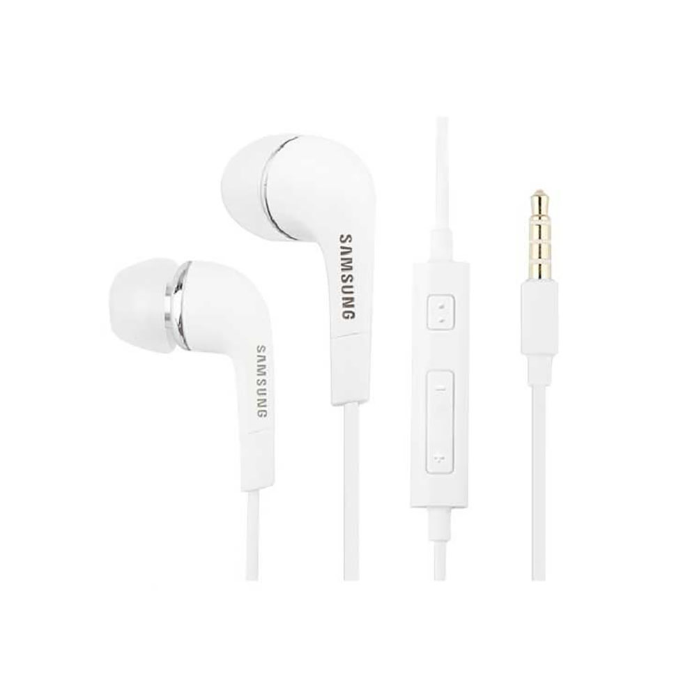 Auricolari Samsung bianchi. Tre parti: auricolare, controllo e spina.
