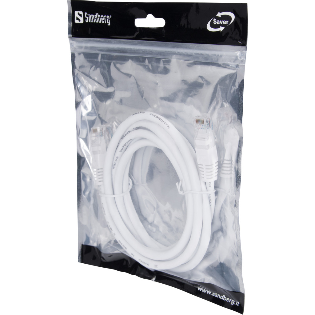 Cavo di rete bianco in un sacchetto di plastica trasparente. L'etichetta riporta 'Sandberg'.