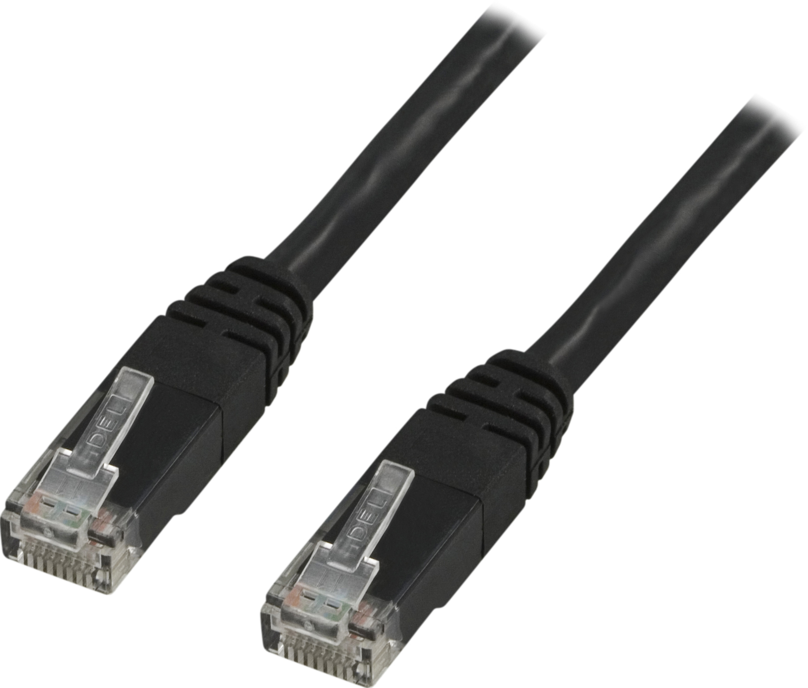 Due cavi Ethernet neri con connettori neri su sfondo bianco.