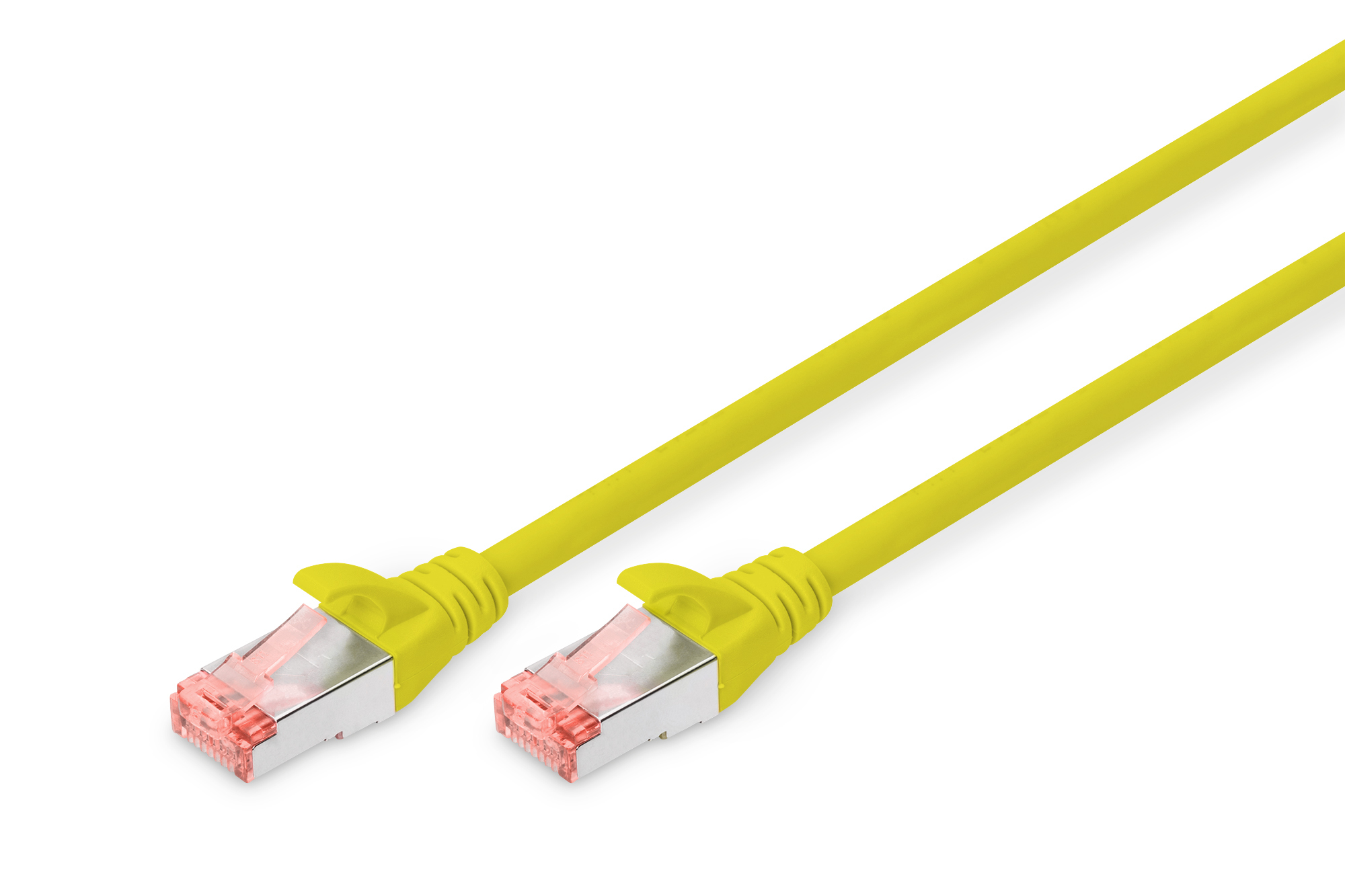 Due cavi Ethernet gialli con connettori. Su sfondo bianco.