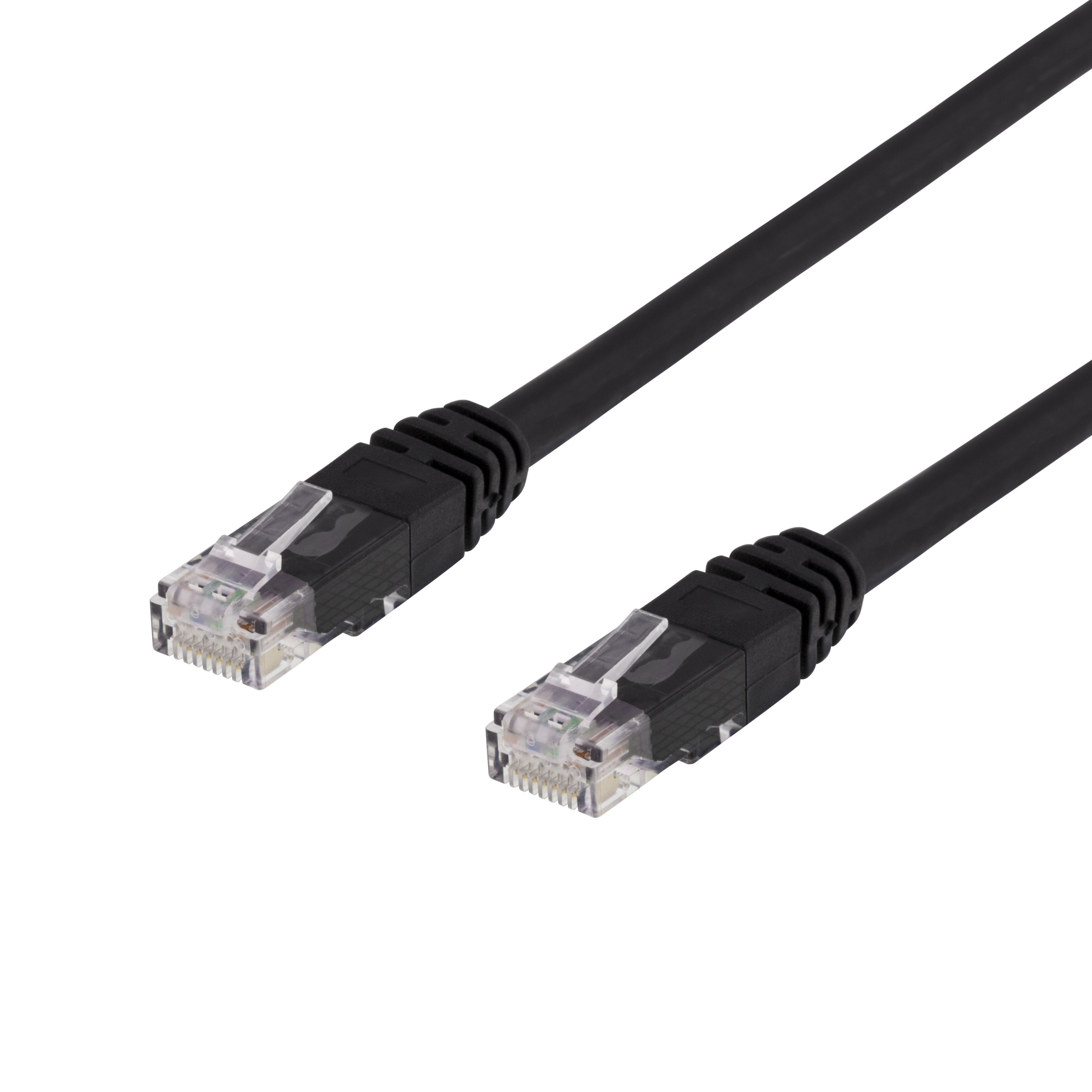 Due cavi ethernet neri con connettori trasparenti, angolati su sfondo nero.