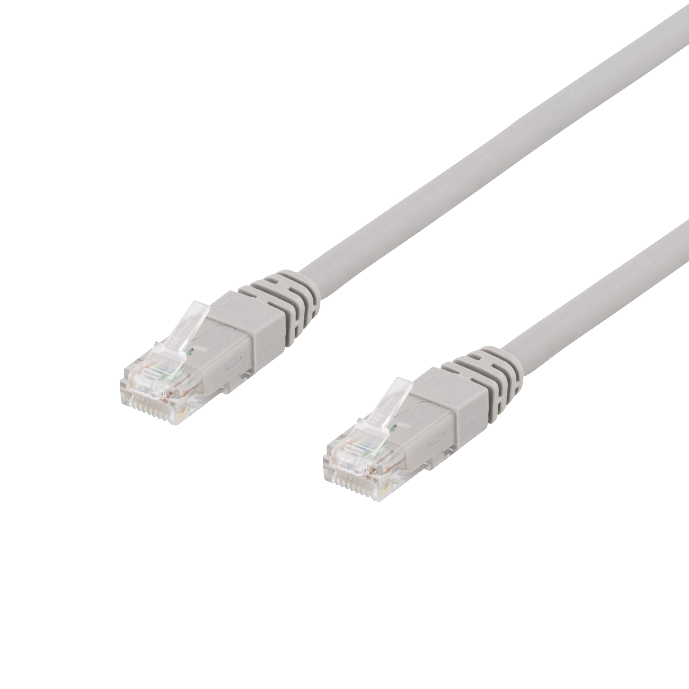 Due cavi Ethernet grigi con connettori. Sfondo bianco.