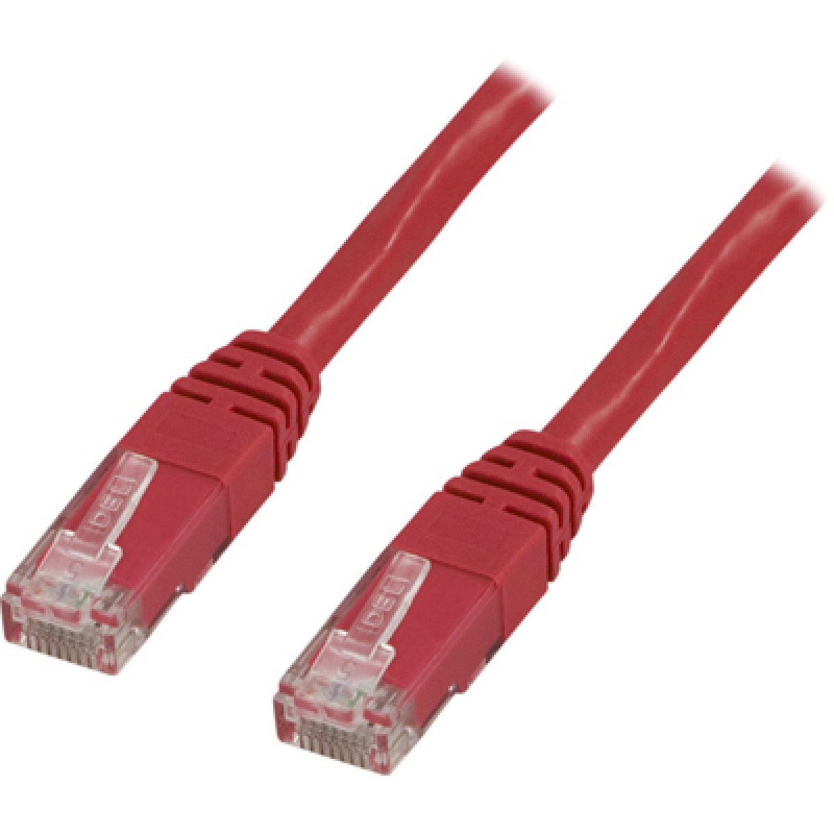 Due cavi Ethernet rossi. Ogni cavo ha un connettore trasparente. I cavi sono angolati.