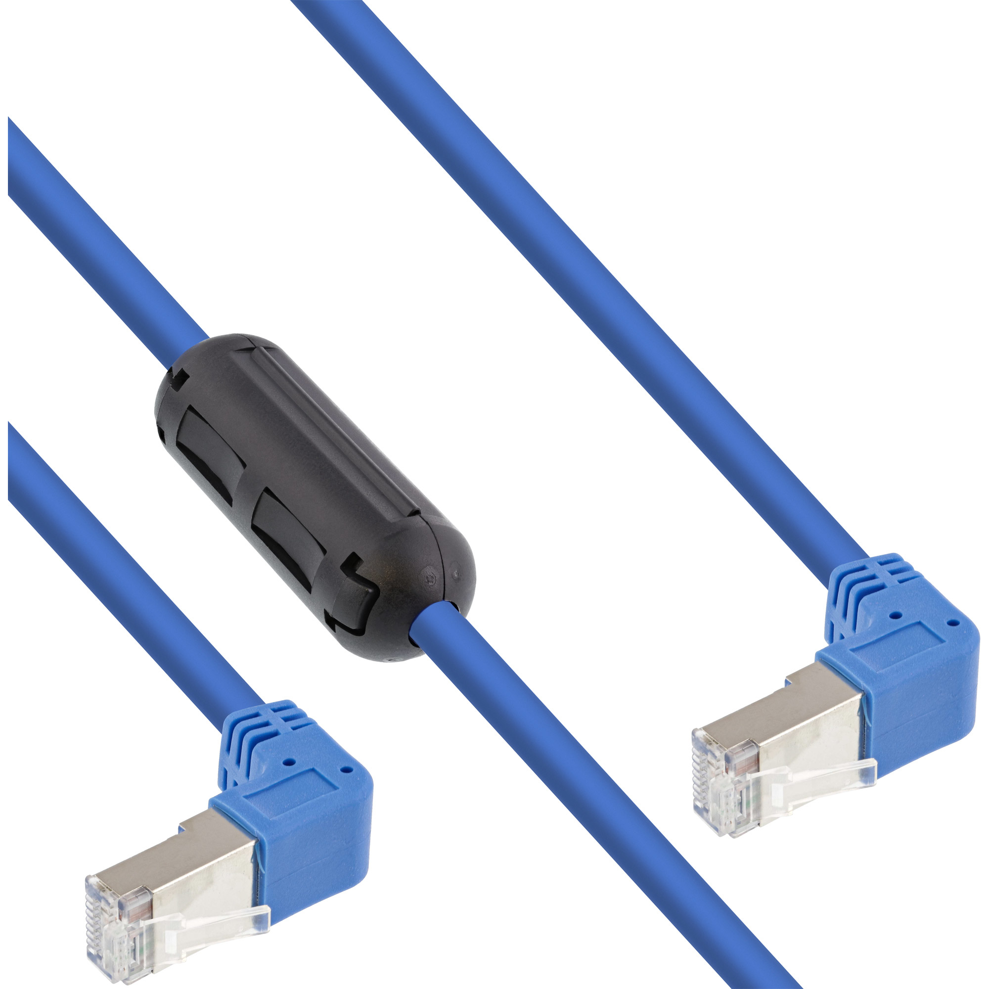 Cavo di rete blu con connettori e un elemento cilindrico nero.