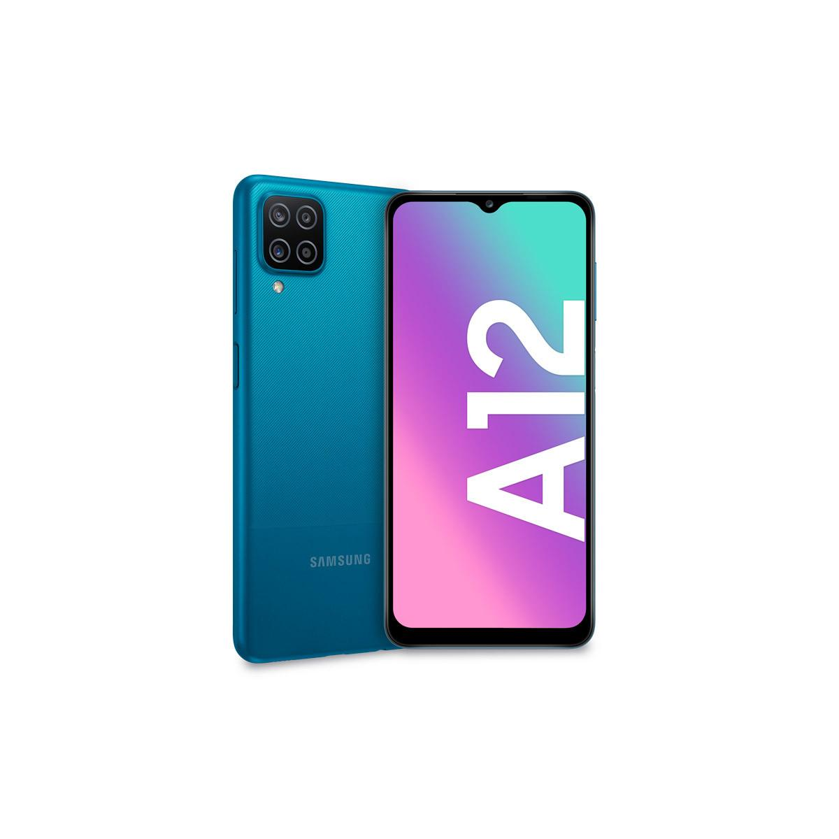 Blaues Samsung A12-Telefon, zeigt die Rückseite und das Display. Das Display zeigt den A12-Text.