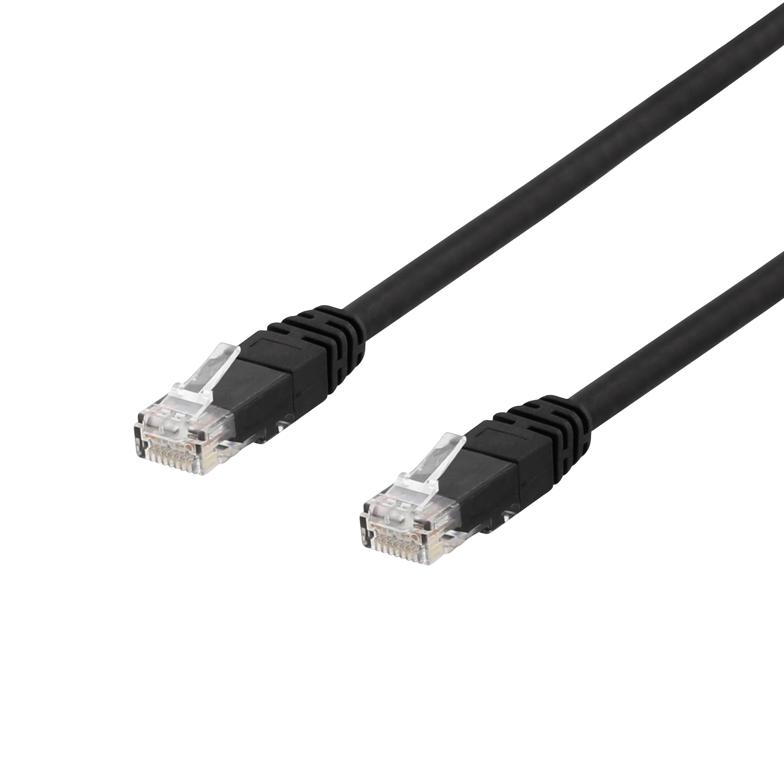 Due cavi Ethernet neri con connettori. Lo sfondo è nero.