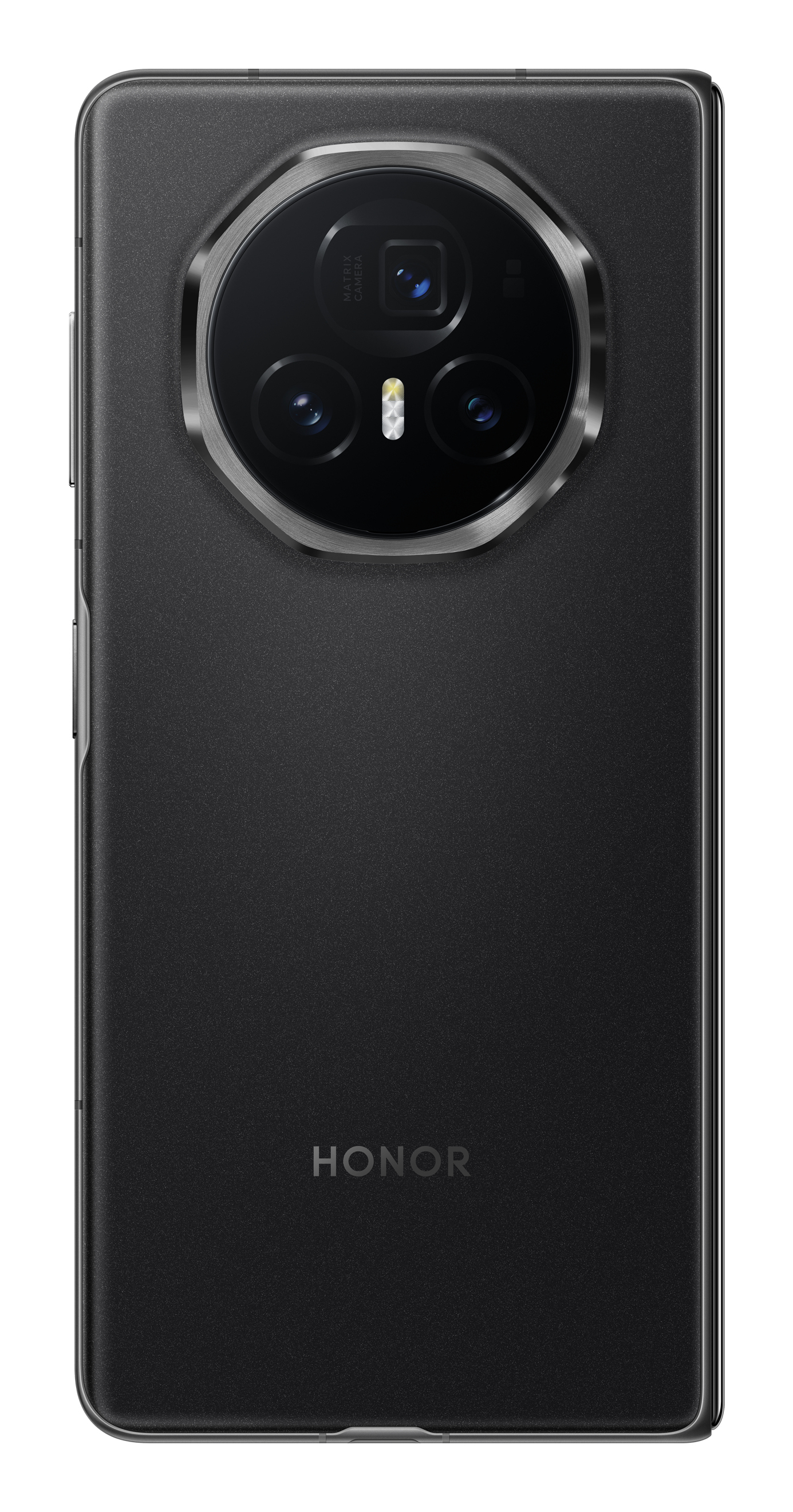 Retro smartphone nero, con modulo fotocamera e marchio HONOR.