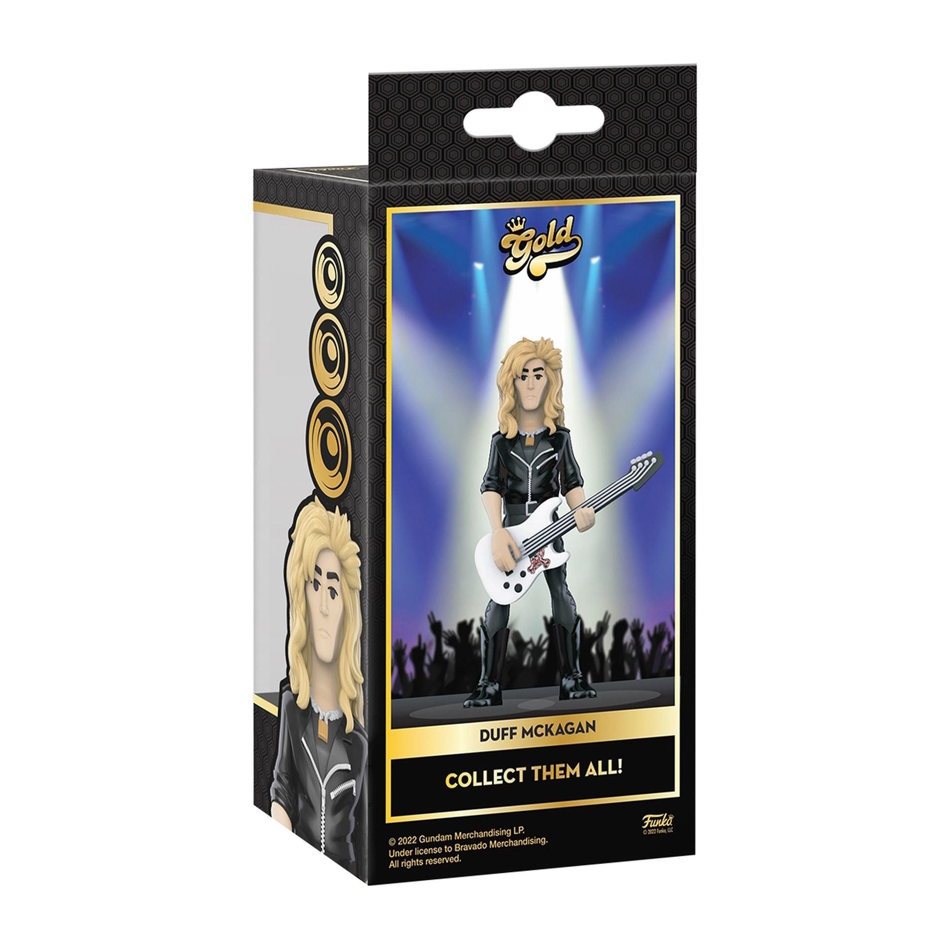 Verpackte Figur eines blonden Mannes, der auf einer Bühne Gitarre spielt.