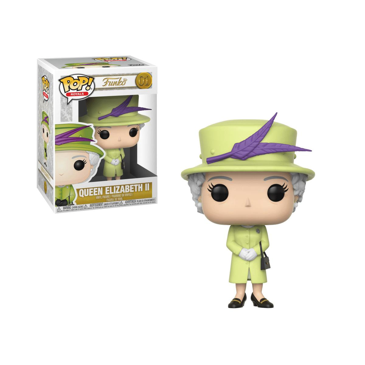 Figurka Funko Pop Królowej Elżbiety II i pudełko. Nosi jasnozielony strój i kapelusz.