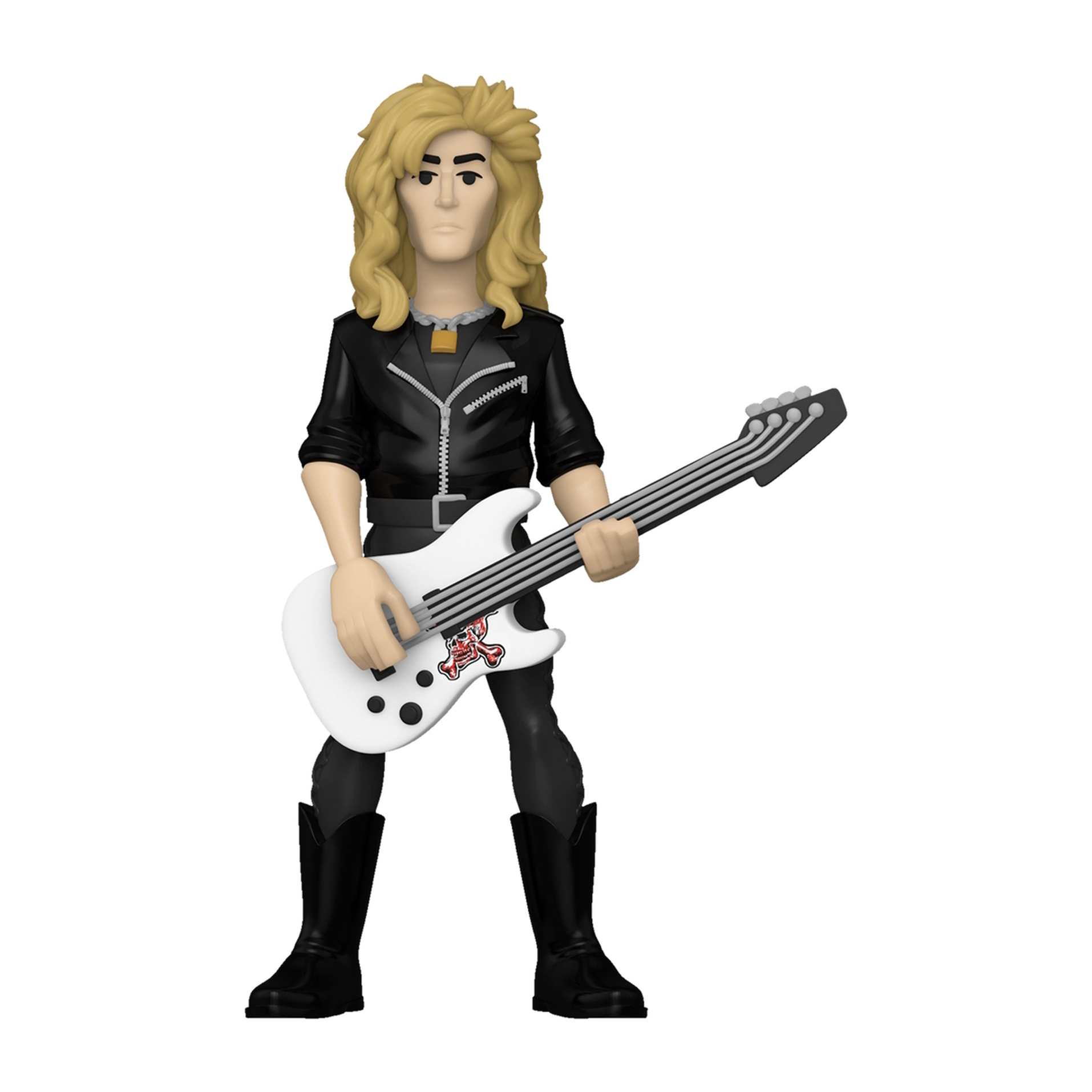 Figur eines Mannes in schwarzer Kleidung, der eine weiße Gitarre mit Totenkopfaufkleber spielt.