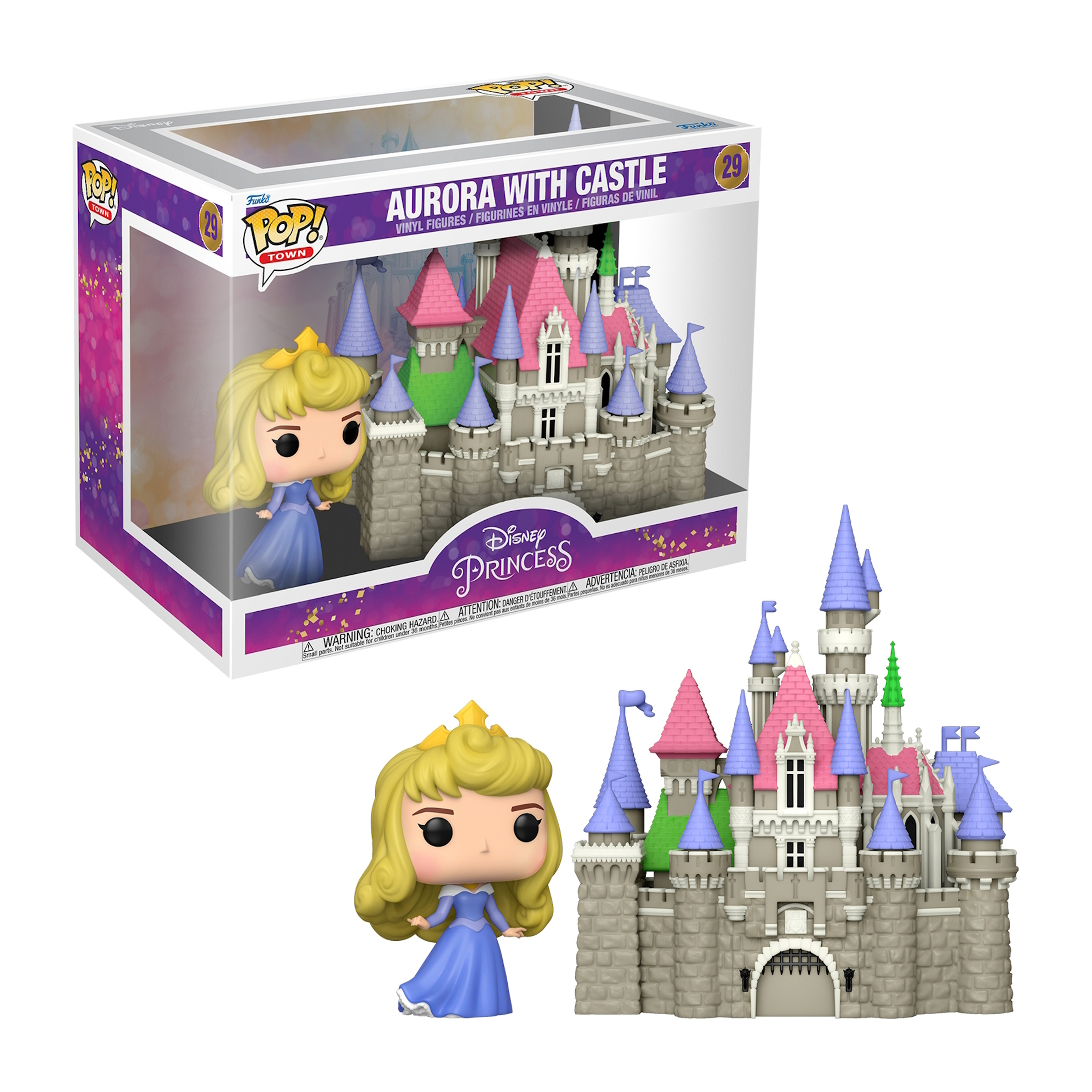 Funko Pop! Principessa Disney Aurora con castello, dentro e fuori dalla scatola. Aurora in abito blu.