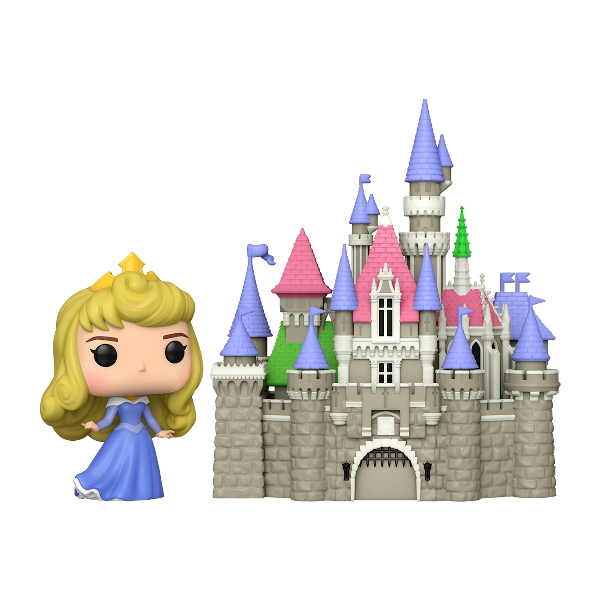 Figurina di Aurora Disney e un castello giocattolo con torri rosa e blu su bianco.