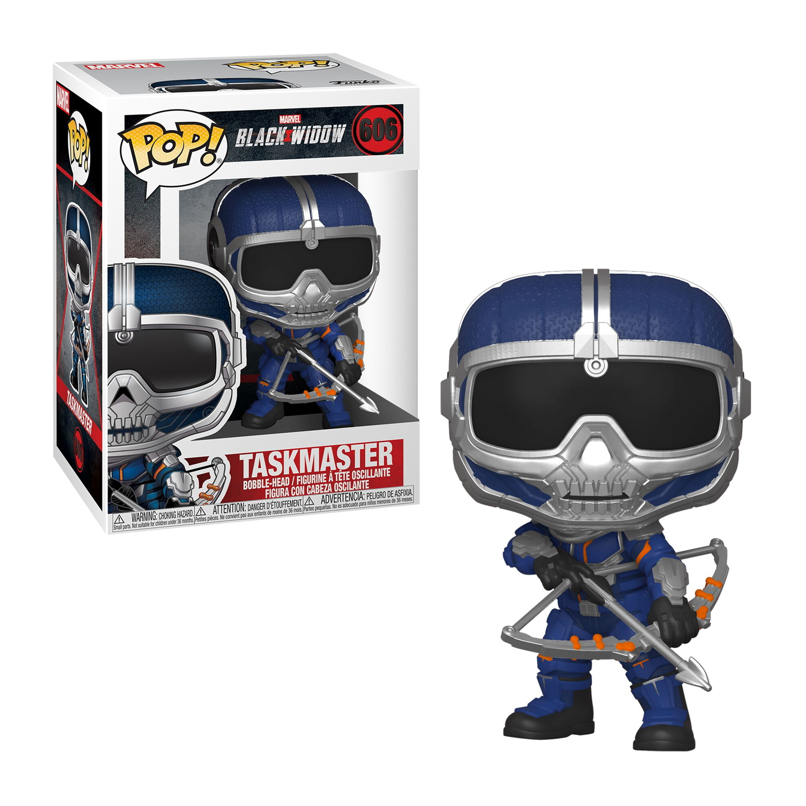 Figura di Taskmaster, in scatola, costume blu e argento, con arco, sfondo bianco.