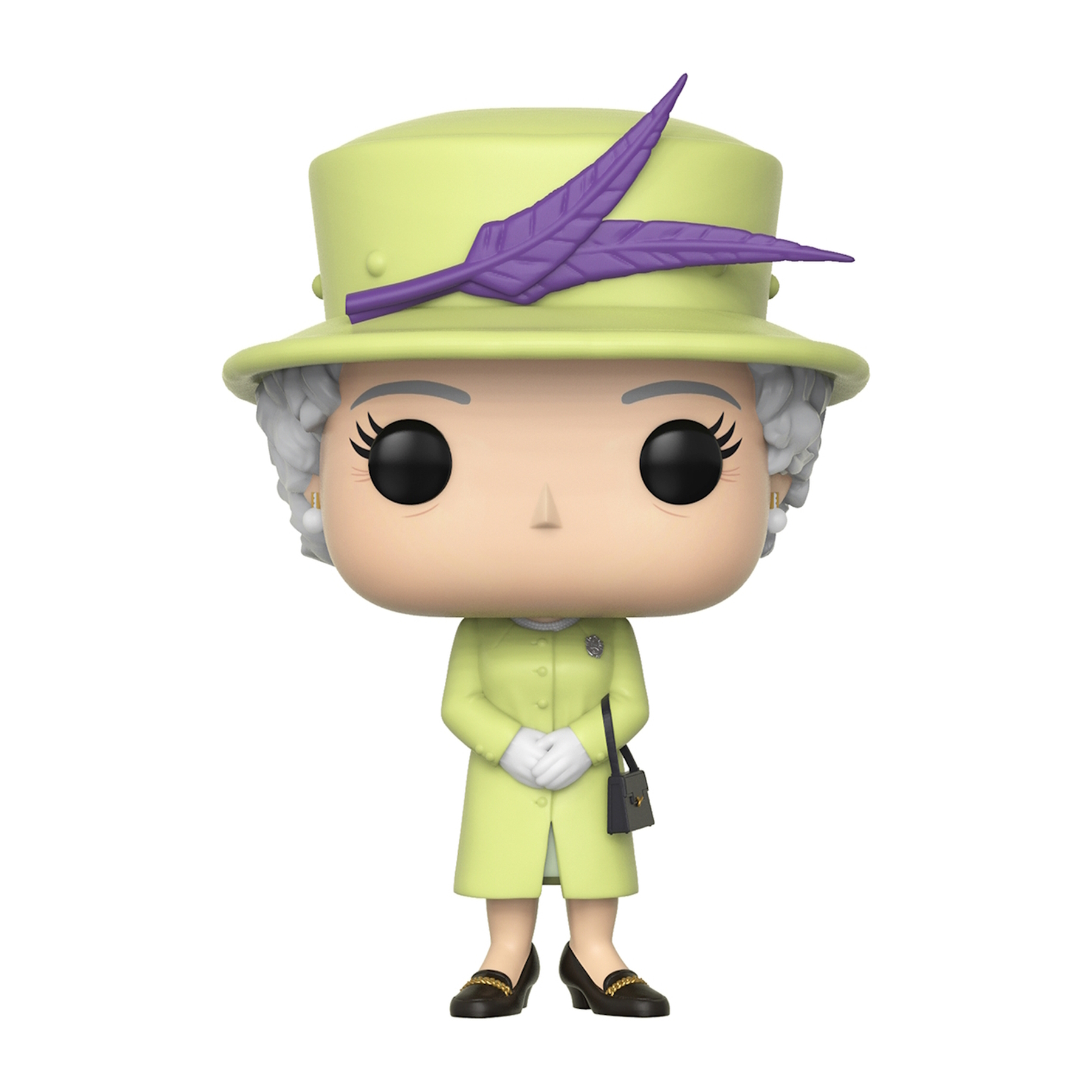 Figurka Funko Pop Królowej Elżbiety II, w jasnozielonym stroju i kapeluszu.