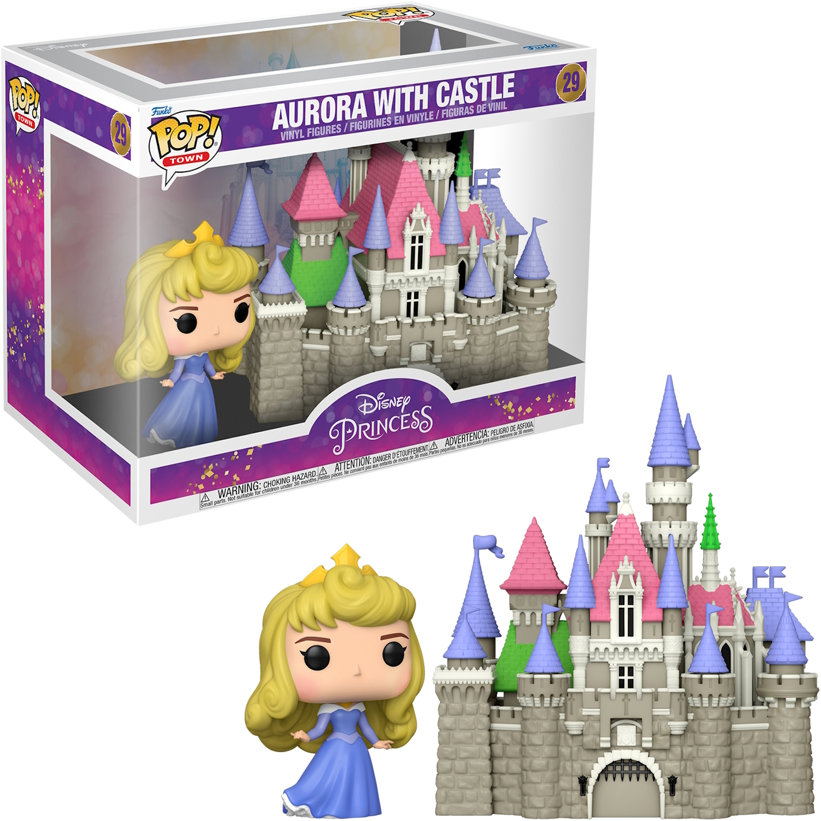 Figura Funko Pop di Aurora con un castello, in una scatola.