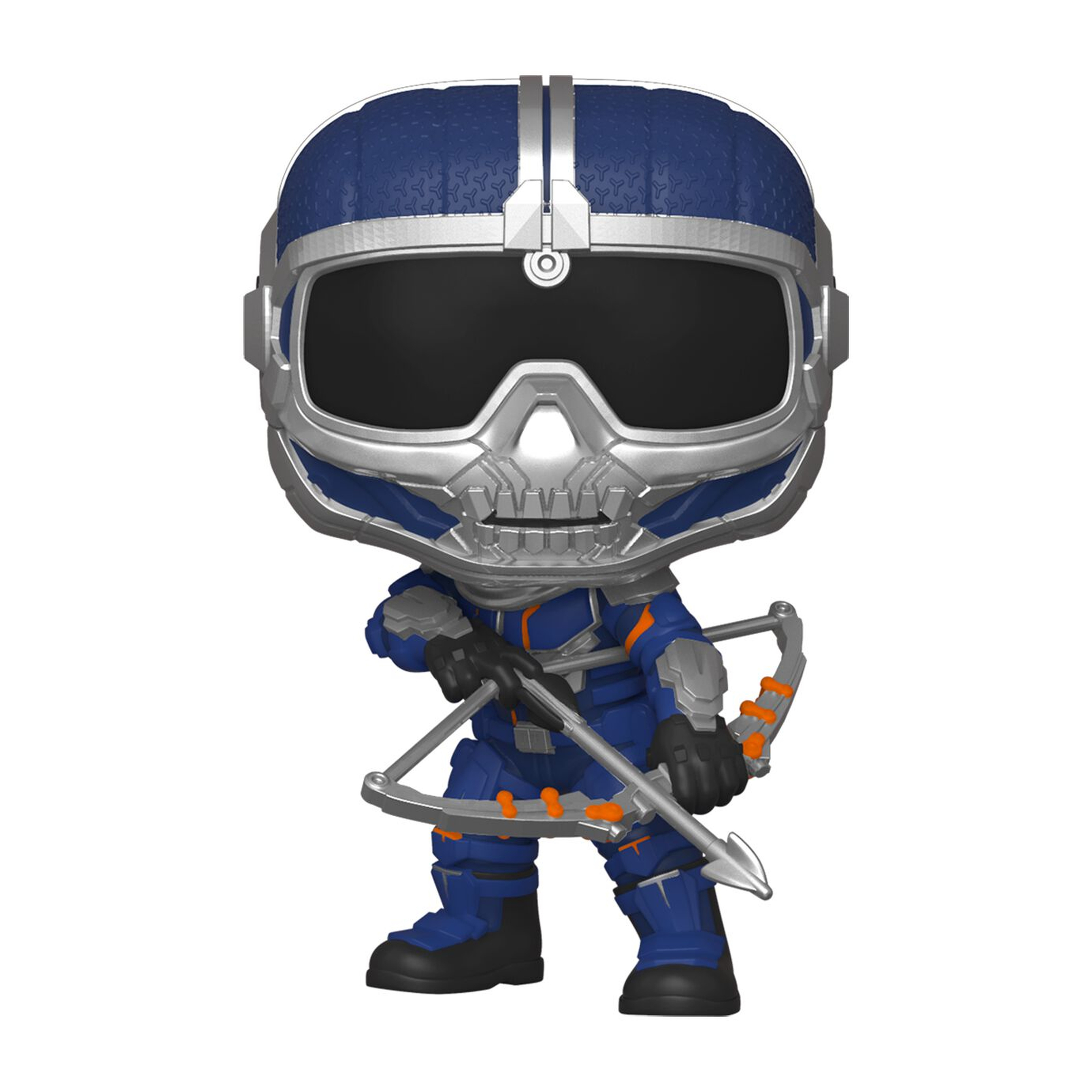 Una figura Funko Pop di Taskmaster, in armatura blu e argento, con arco e freccia.