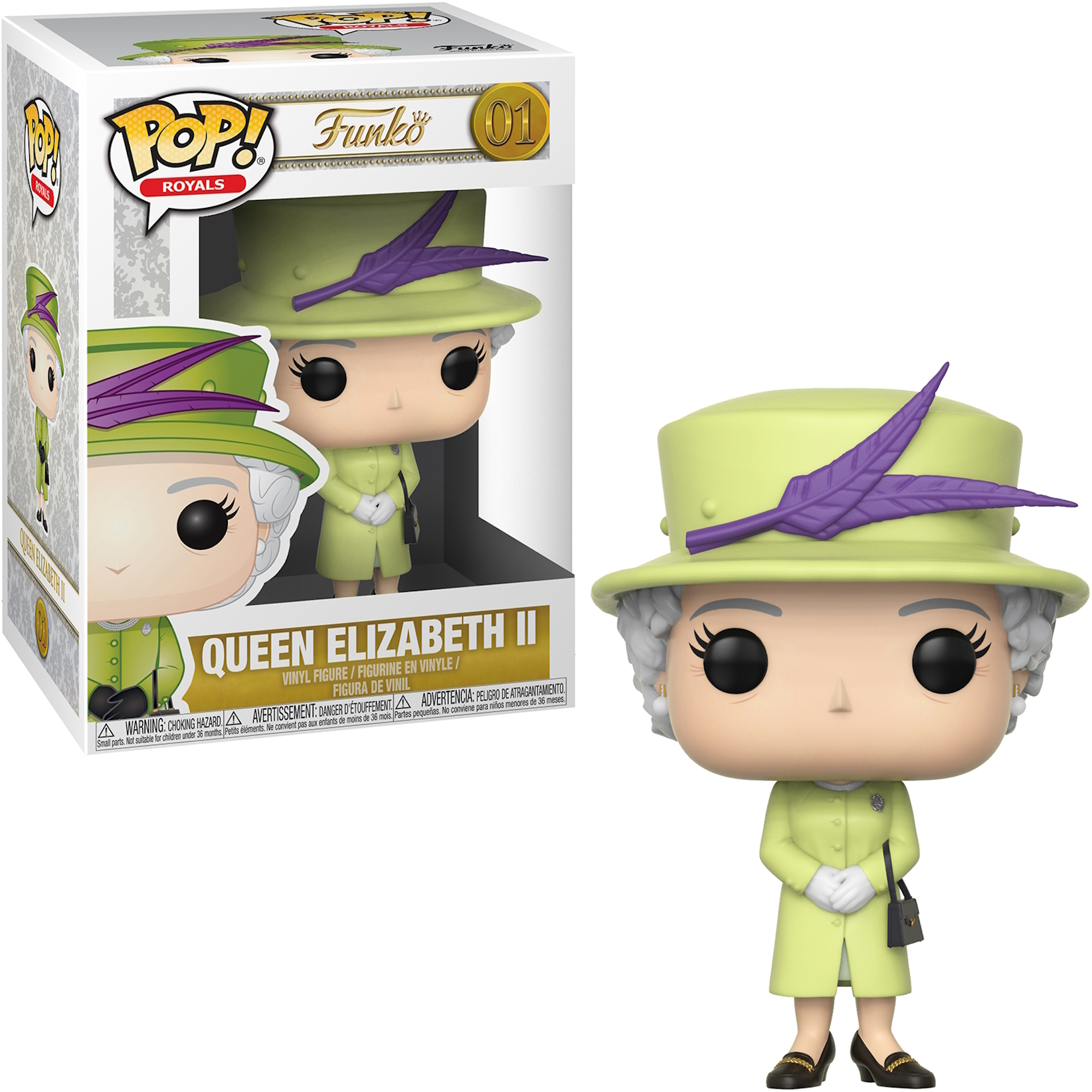 Figurka Funko Pop Królowej Elżbiety II w zielonym stroju w pudełku.