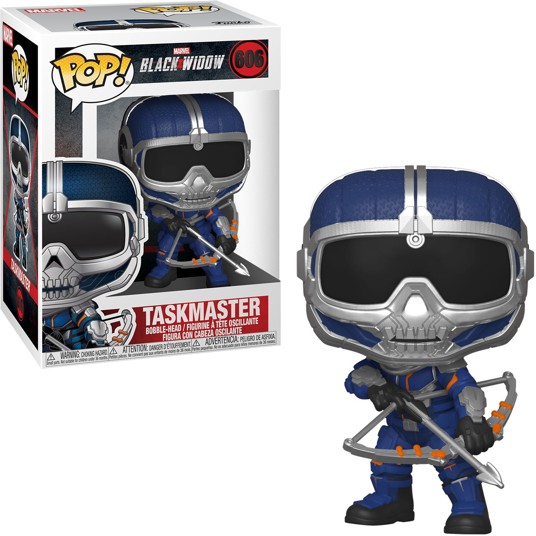 Figura di Taskmaster Funko Pop in una scatola, che mostra la figura con arco e freccia.