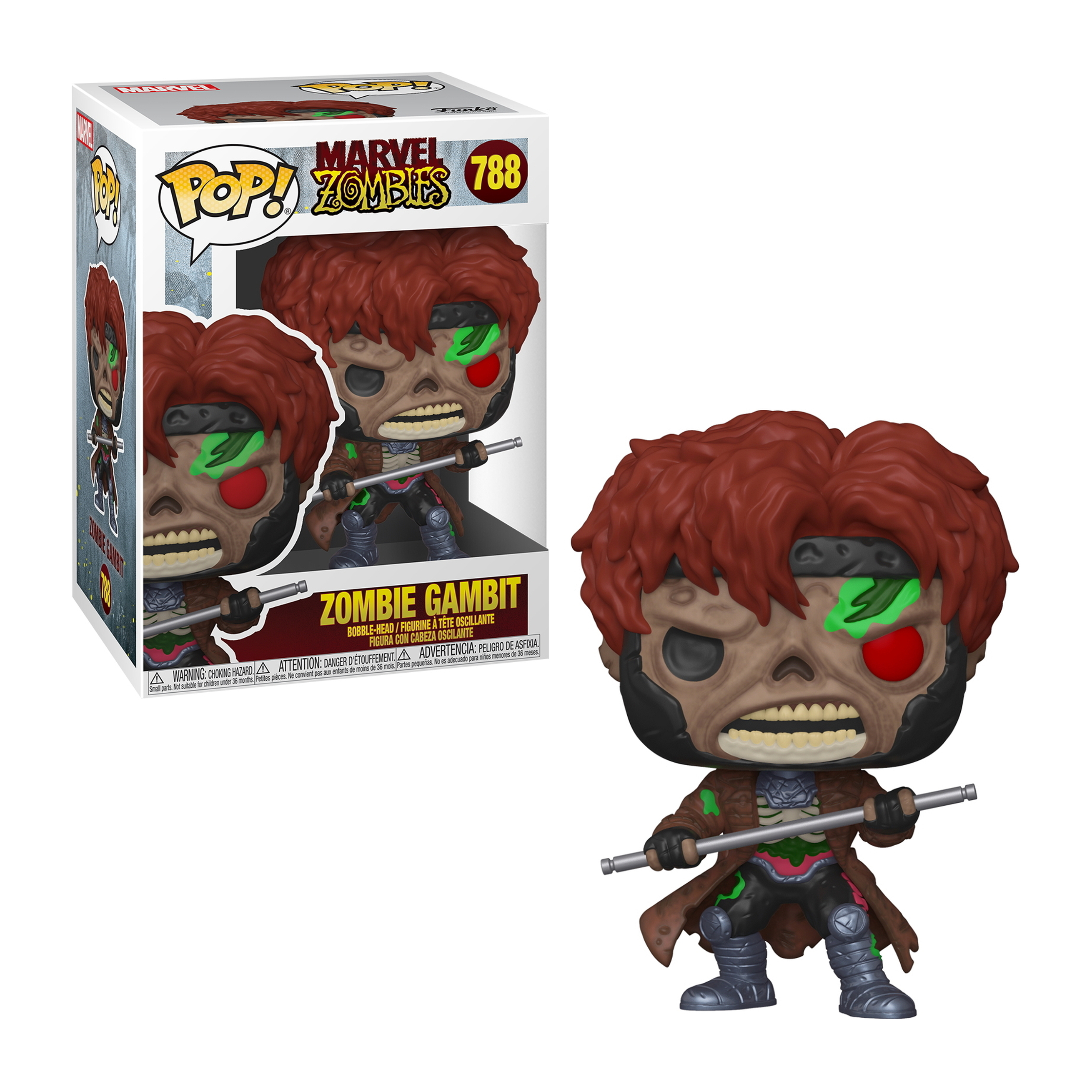 Figura Funko Pop! Marvel Zombies Zombie Gambit con scatola su sfondo bianco.