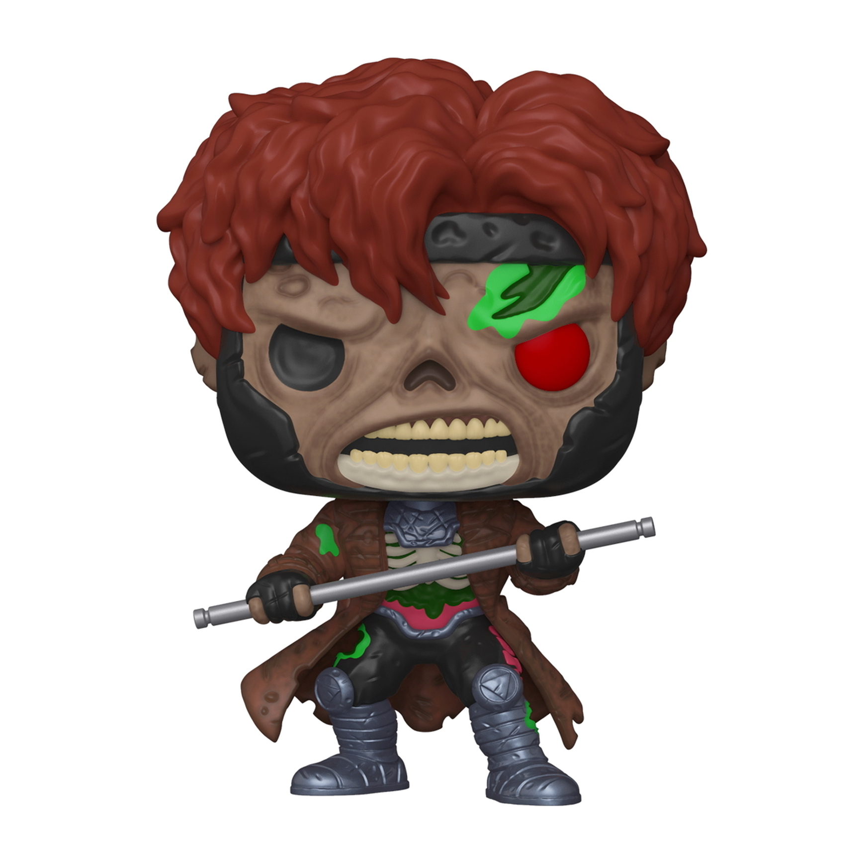 Figura di Gambit zombie. Capelli rossi, teschio esposto, tiene un'asta di metallo. Cappotto marrone, dettagli neri e verdi.