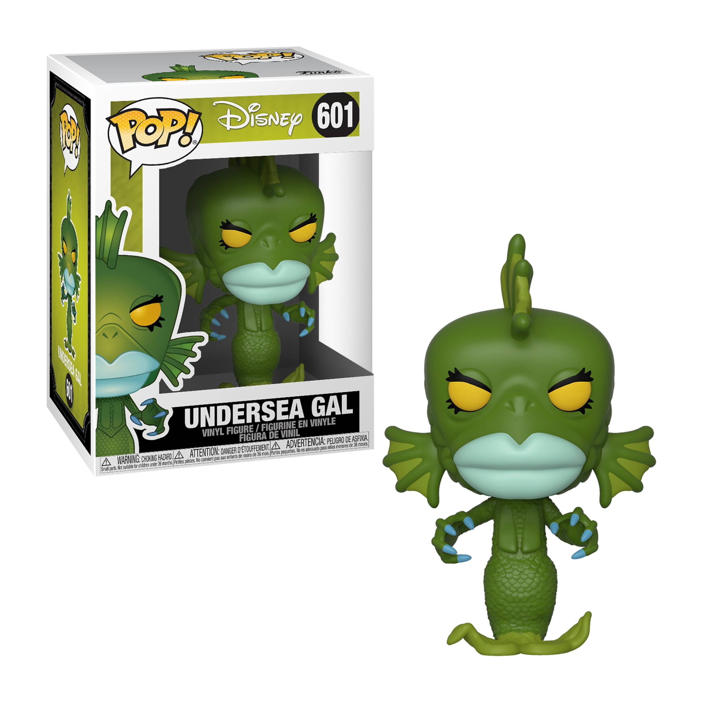 Figurka Funko Pop zielonej postaci przypominającej syrenę. Pudełko obok. Białe tło.