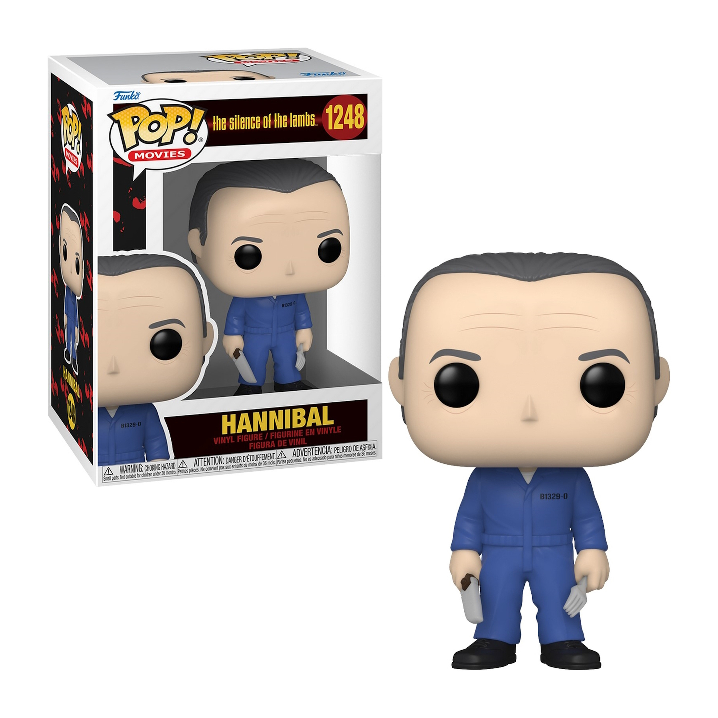 Hannibal Funko Pop Figur in einer Box. Die Figur trägt blaue Overalls. Weißer Hintergrund.
