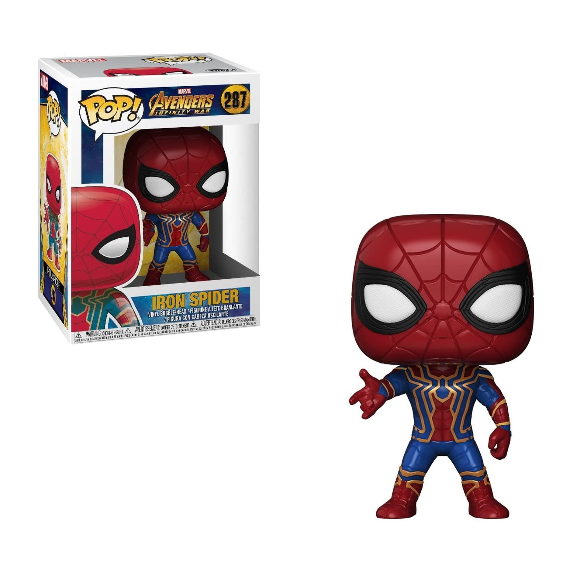 Figurka Iron Spider Funko Pop z pudełkiem po lewej, figurką po prawej, białe tło.