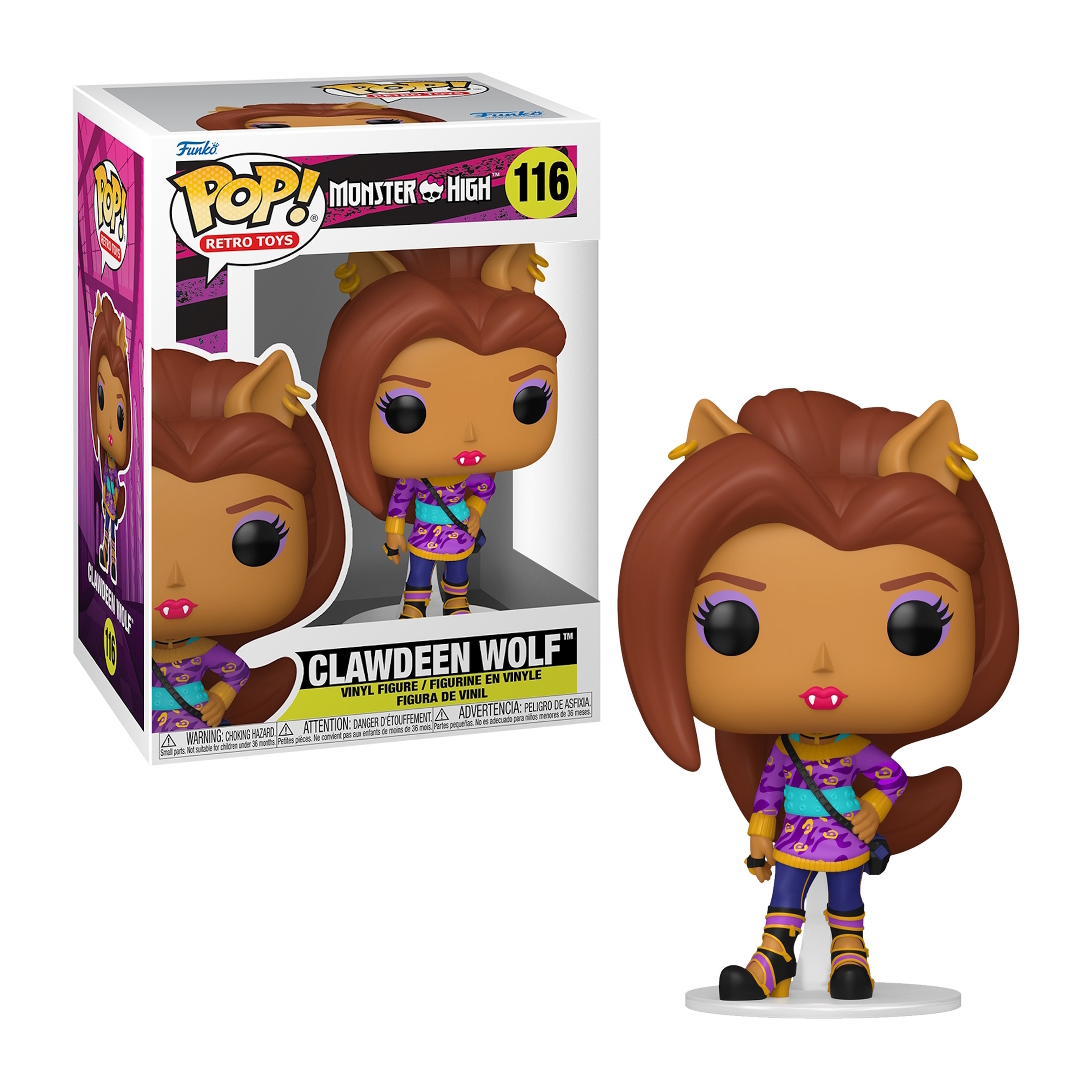 Figura di Clawdeen Wolf in una scatola Funko Pop. La figura è una bambola viola e marrone, con scatola.
