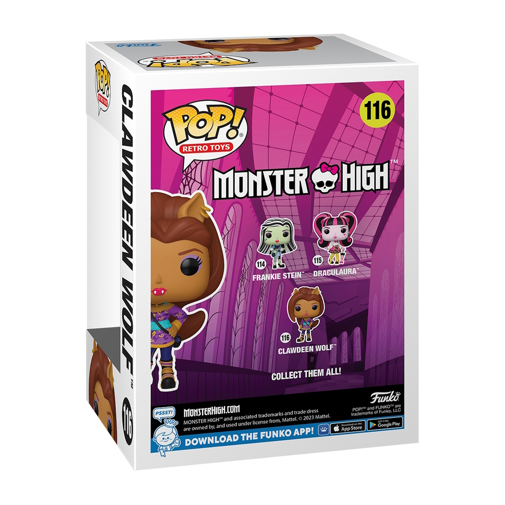Una scatola di Monster High mostra Clawdeen Wolf. Il retro mostra Frankie Stein, Draculaura e Clawdeen Wolf.