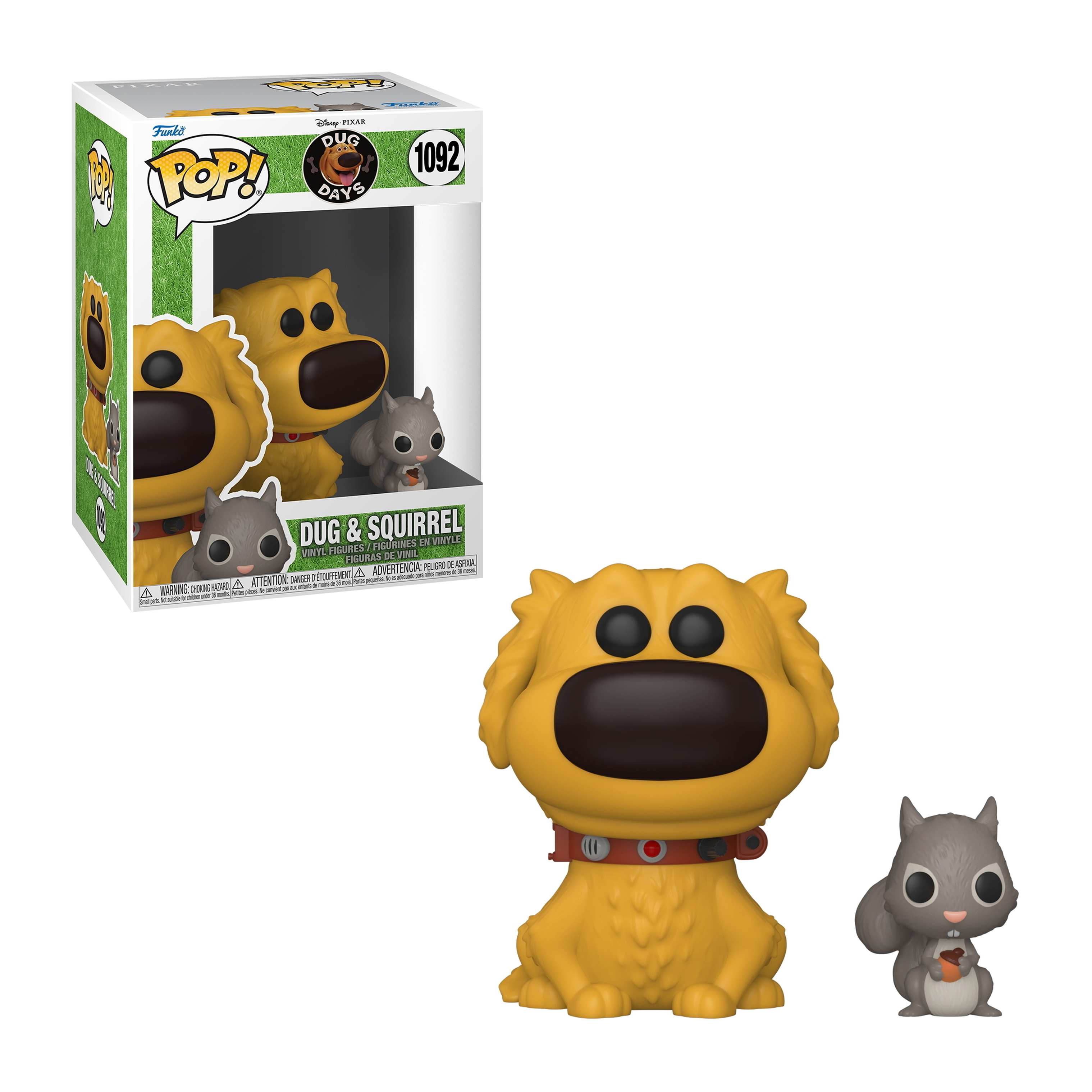 Una figura di Dug & Squirrel Funko Pop con una scatola. Sono mostrati Dug il cane e uno scoiattolo grigio.