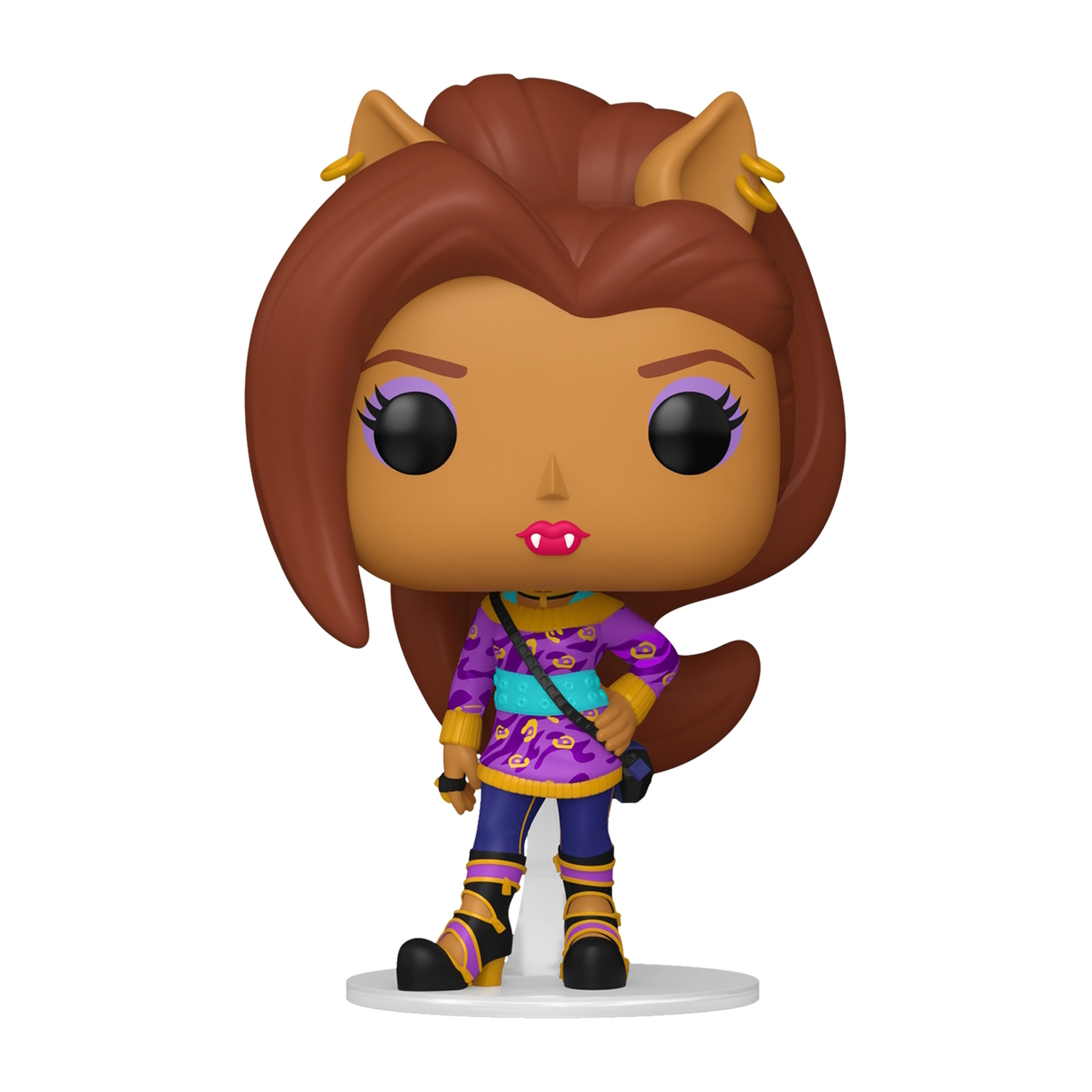Personaggio Funko Pop di Clawdeen Wolf di Monster High, con un abito viola e capelli castani.