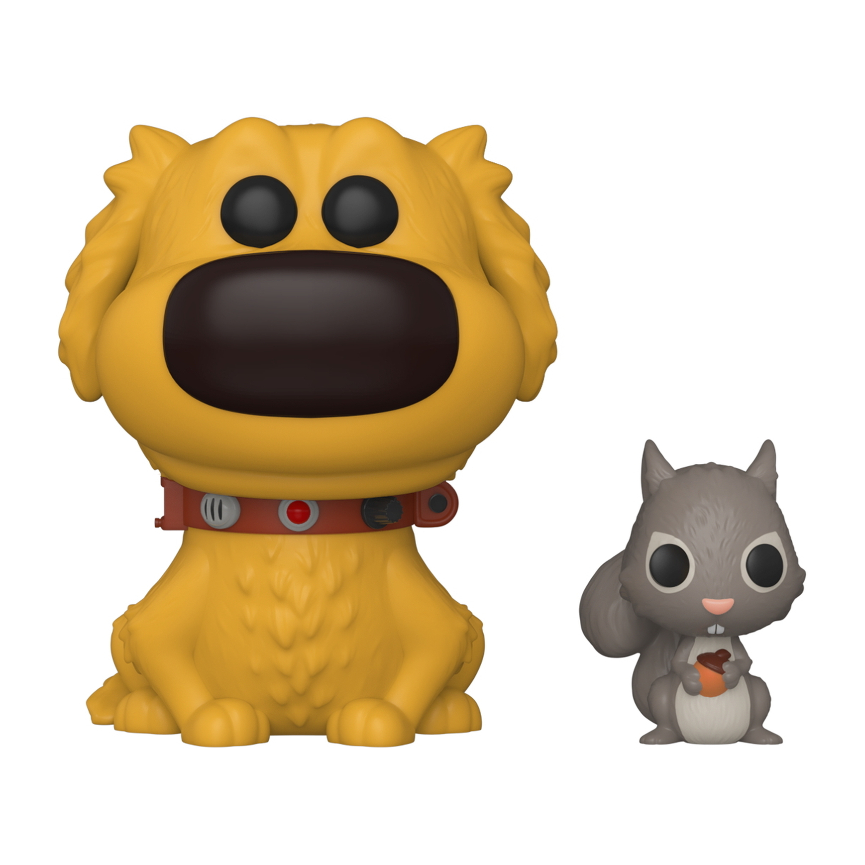 Funko Pop! figura di Dug il cane e uno scoiattolo. Cane giallo, scoiattolo grigio.