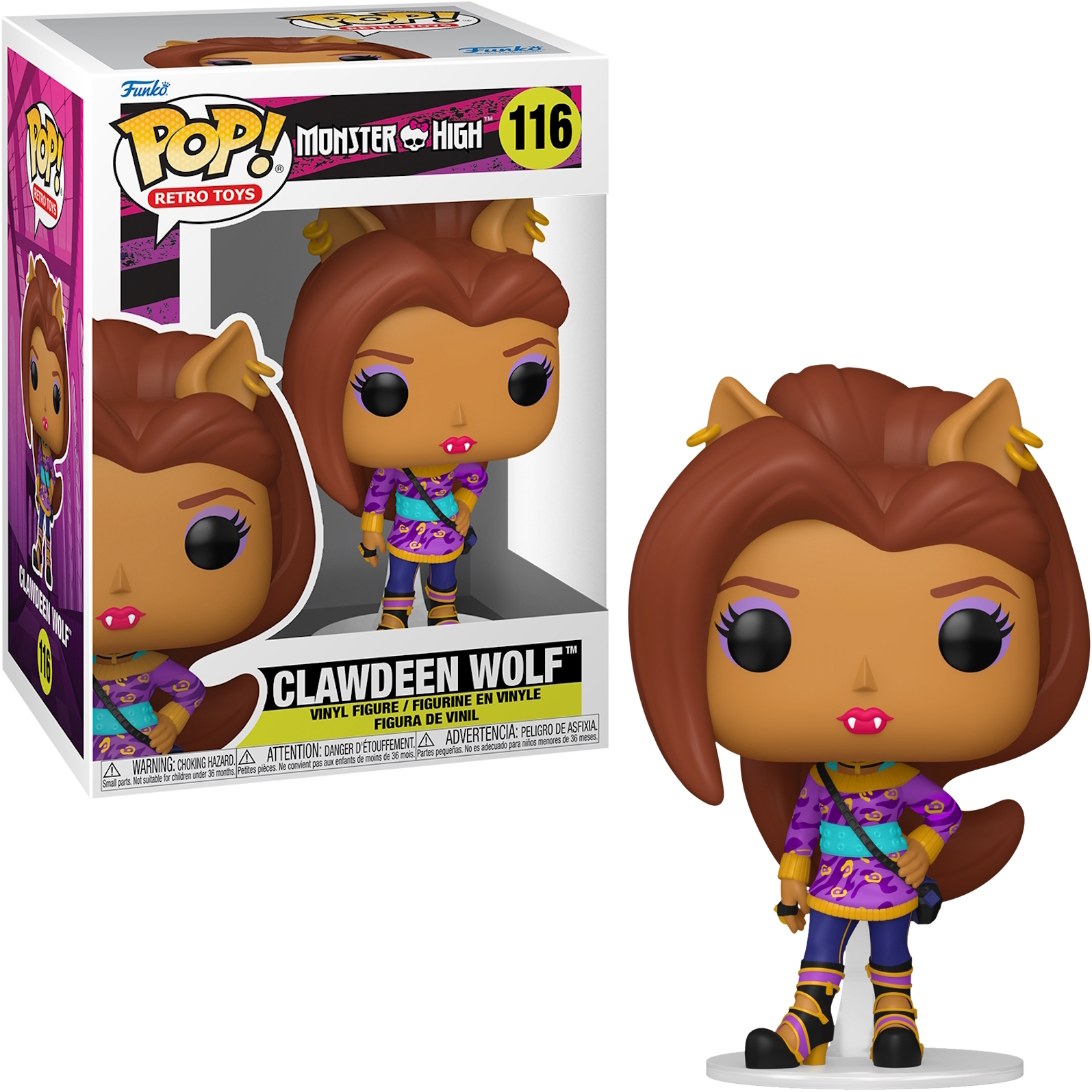 Figura Funko Pop di Clawdeen Wolf in una scatola. La figura indossa un abito viola e giallo.