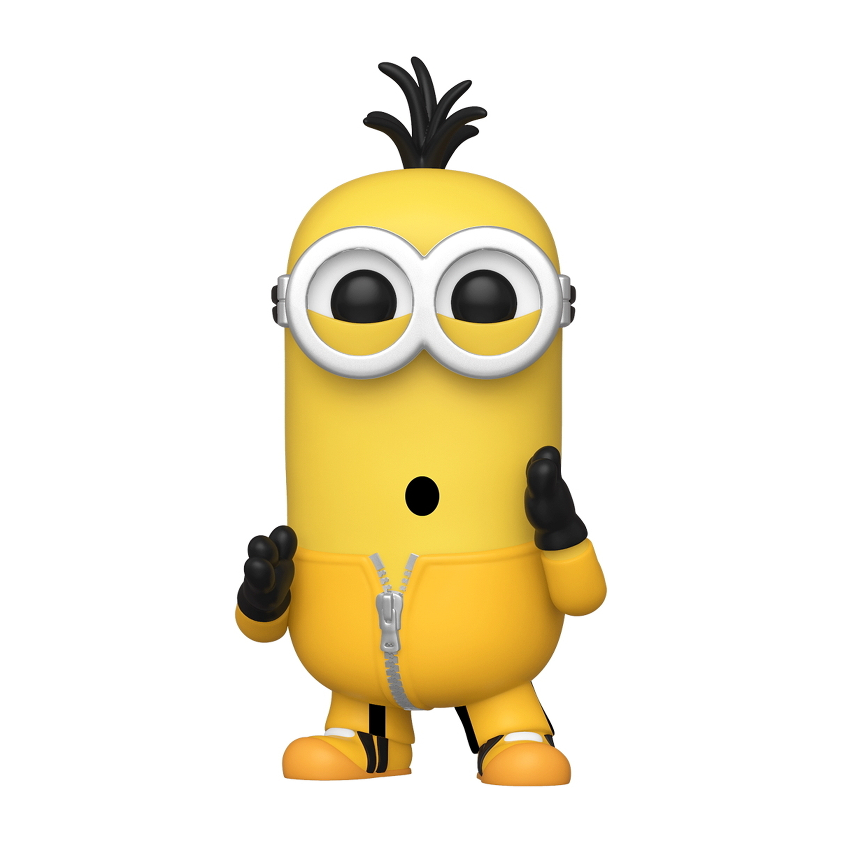 Figura gialla di Minion con le braccia alzate e la bocca aperta, indossa una tuta gialla.