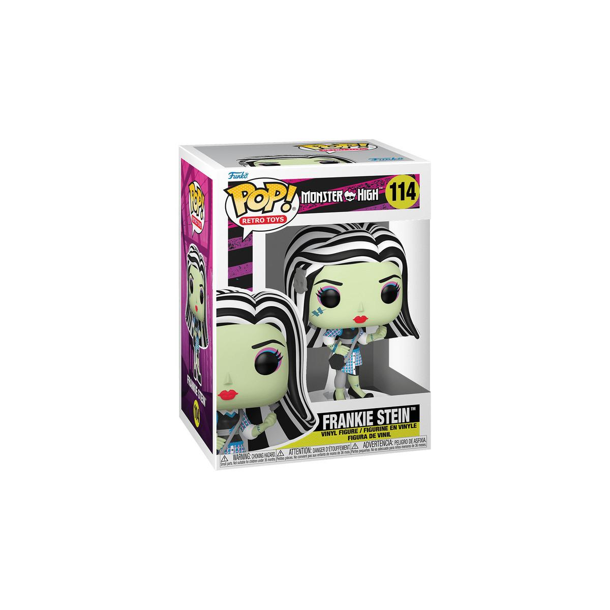 Pudełko Funko Pop! Frankie Stein. Lalka jest w pozie. Czarno-białe pudełko z białym tłem.