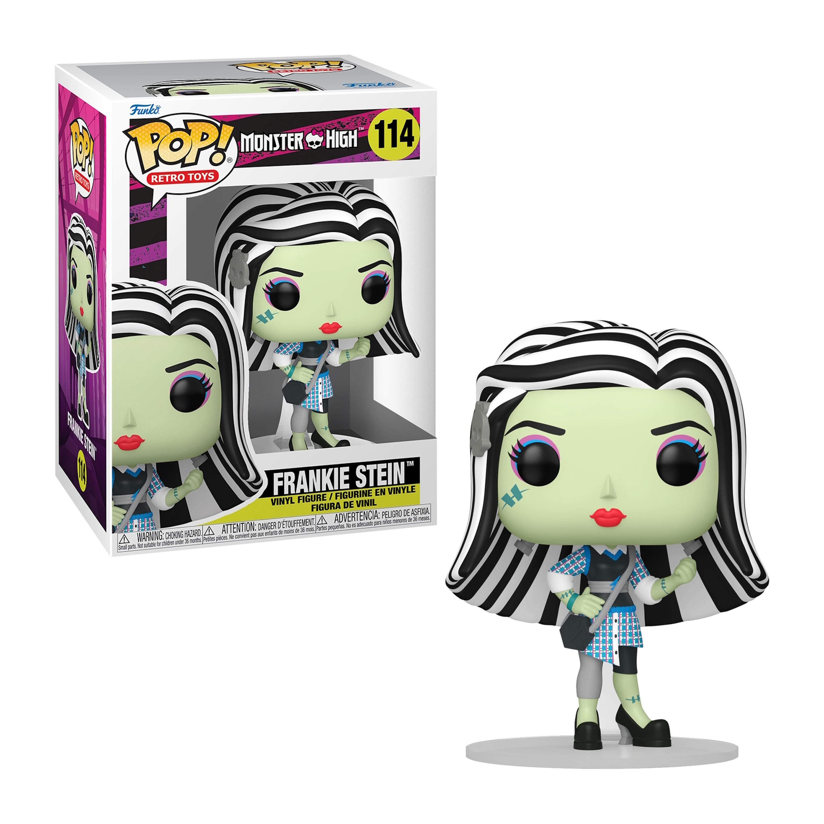 Figurka Funko Pop Frankie Stein z pudełkiem. Zielona skóra, czarno-białe włosy, niebieski strój.