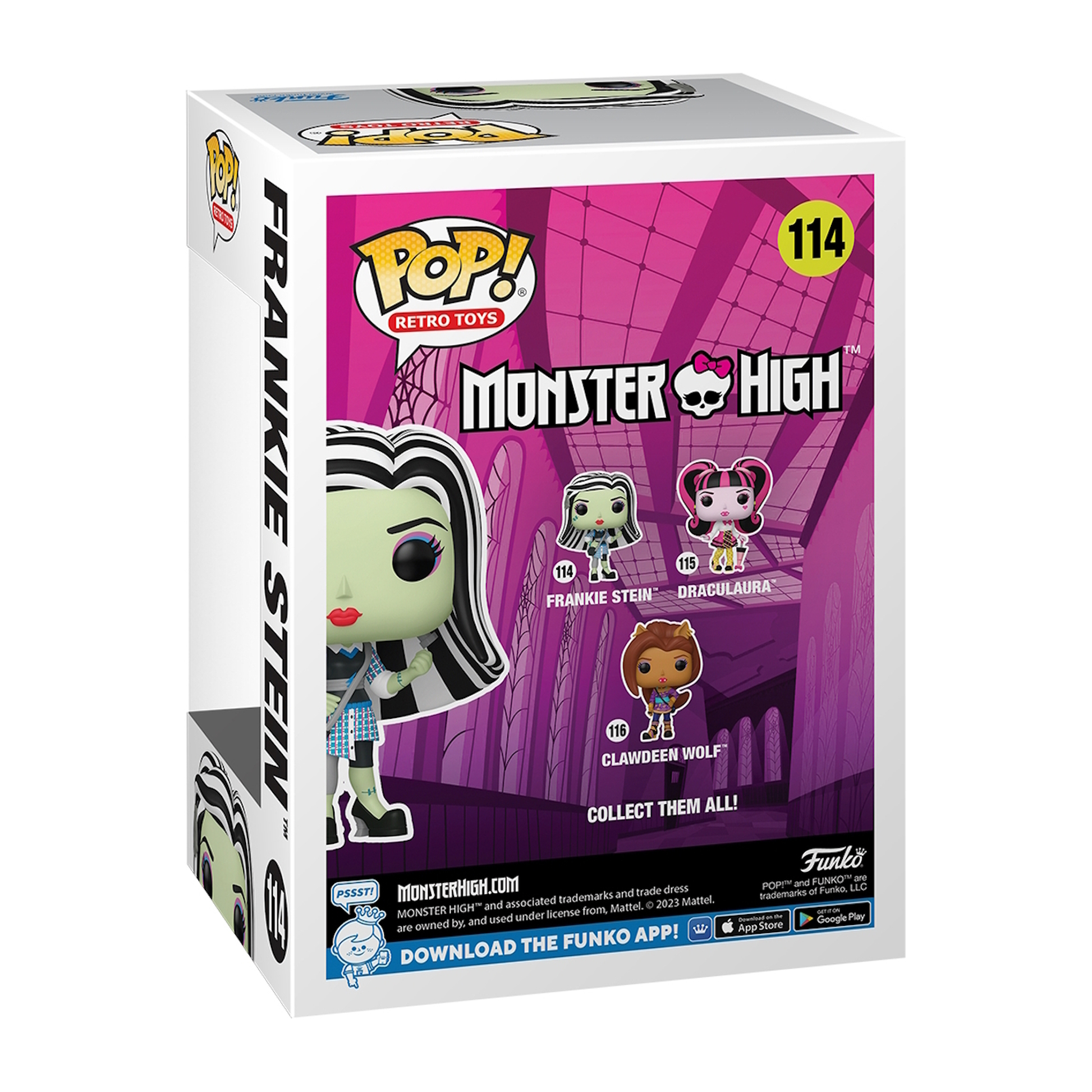 Pudełko Funko Pop! z Frankie Stein, Draculaurą i Clawdeen Wolf z Monster High.