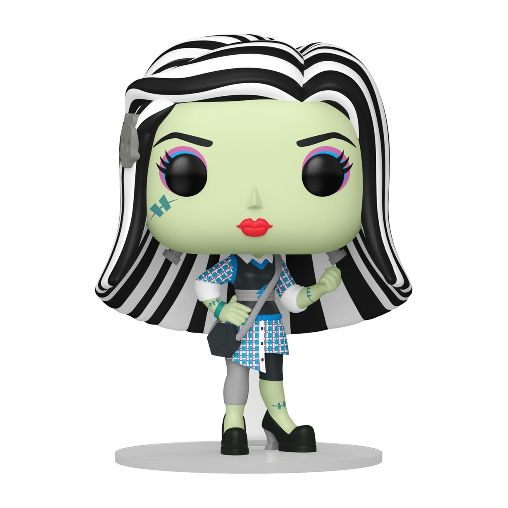 Figurka potwora Frankensteina z czarno-białymi włosami i zieloną skórą na białym tle.