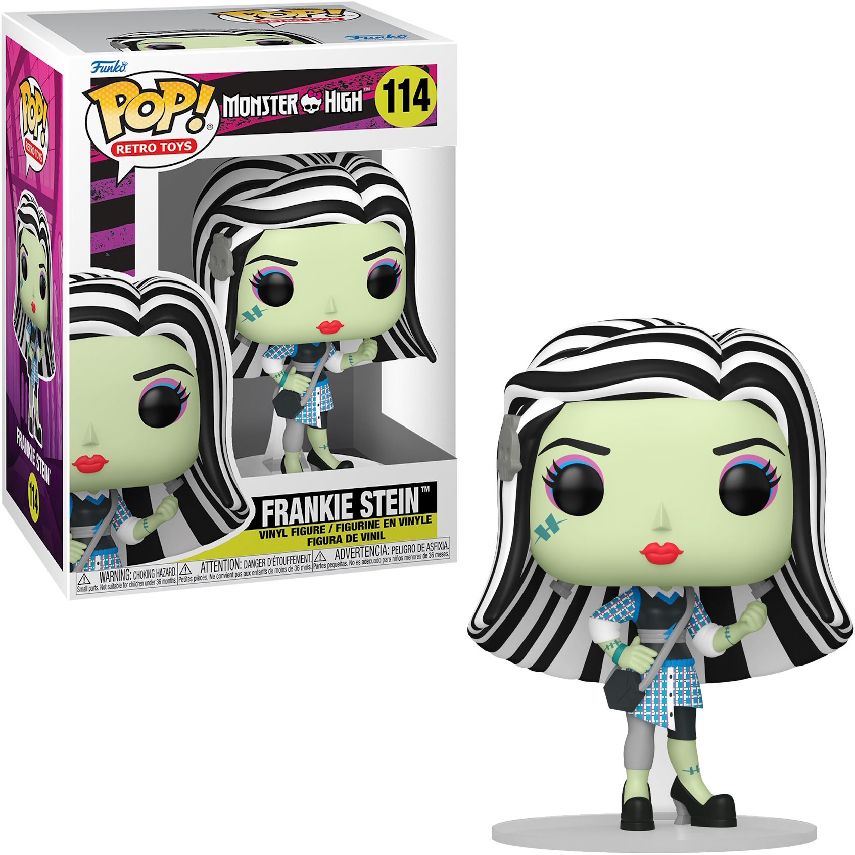 Figurka Frankie Stein Funko Pop w pudełku i poza nim. Figurka zielona z czarno-białymi włosami, ubrana na niebiesko.