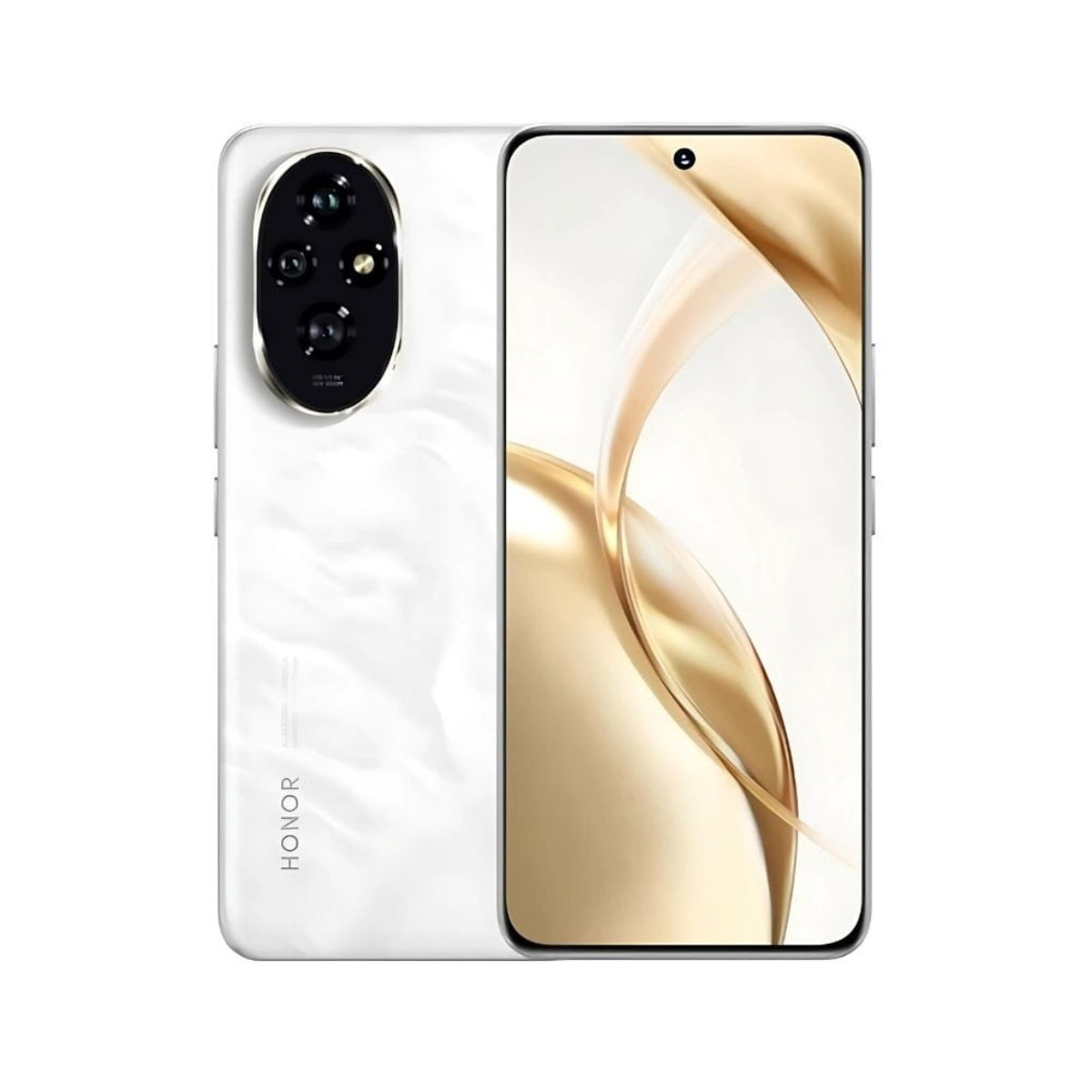 Biały smartfon z trzema aparatami i ekranem z złotym tłem.