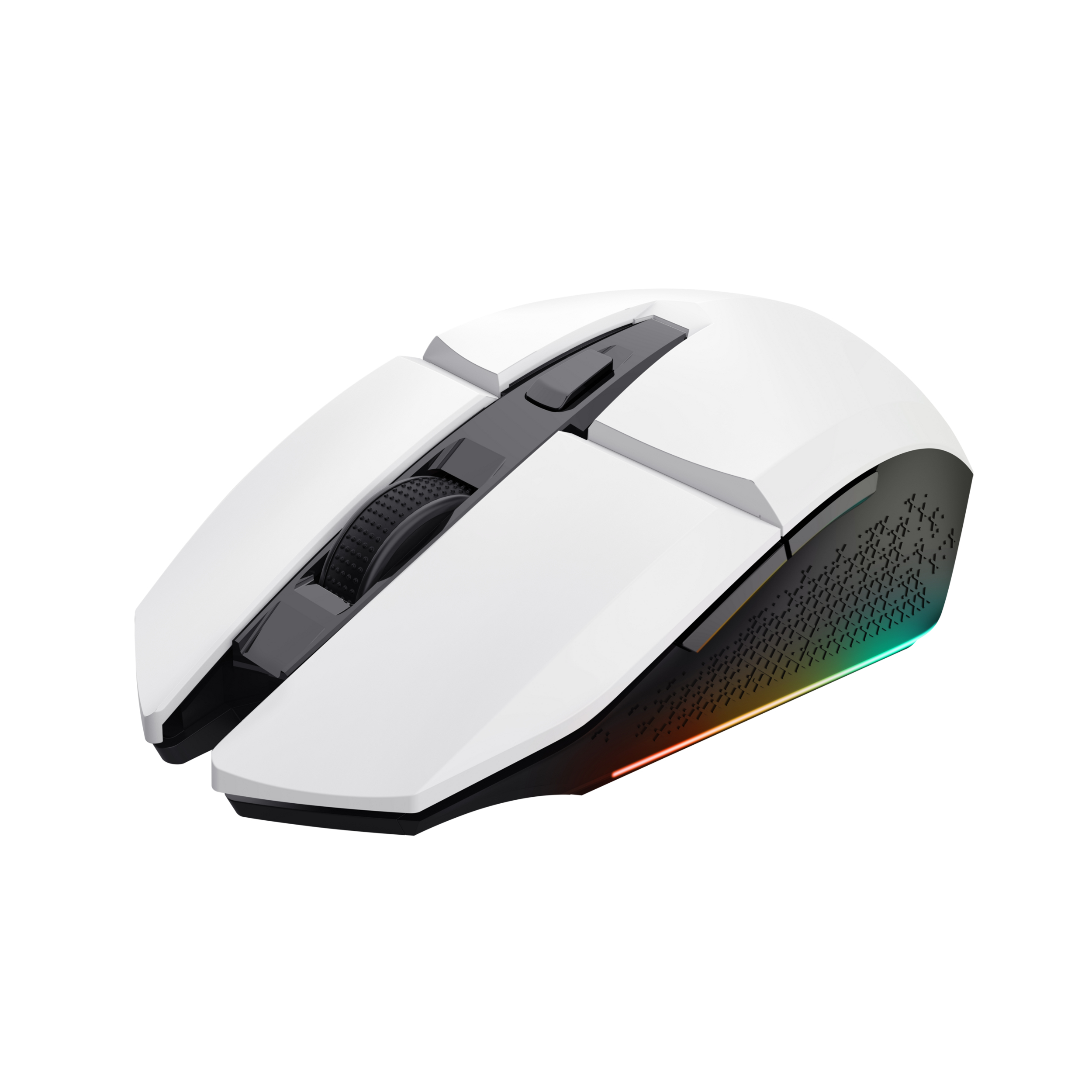 Eine weiße Computermaus mit schwarzen und farbenfrohen Akzenten auf weißem Hintergrund.