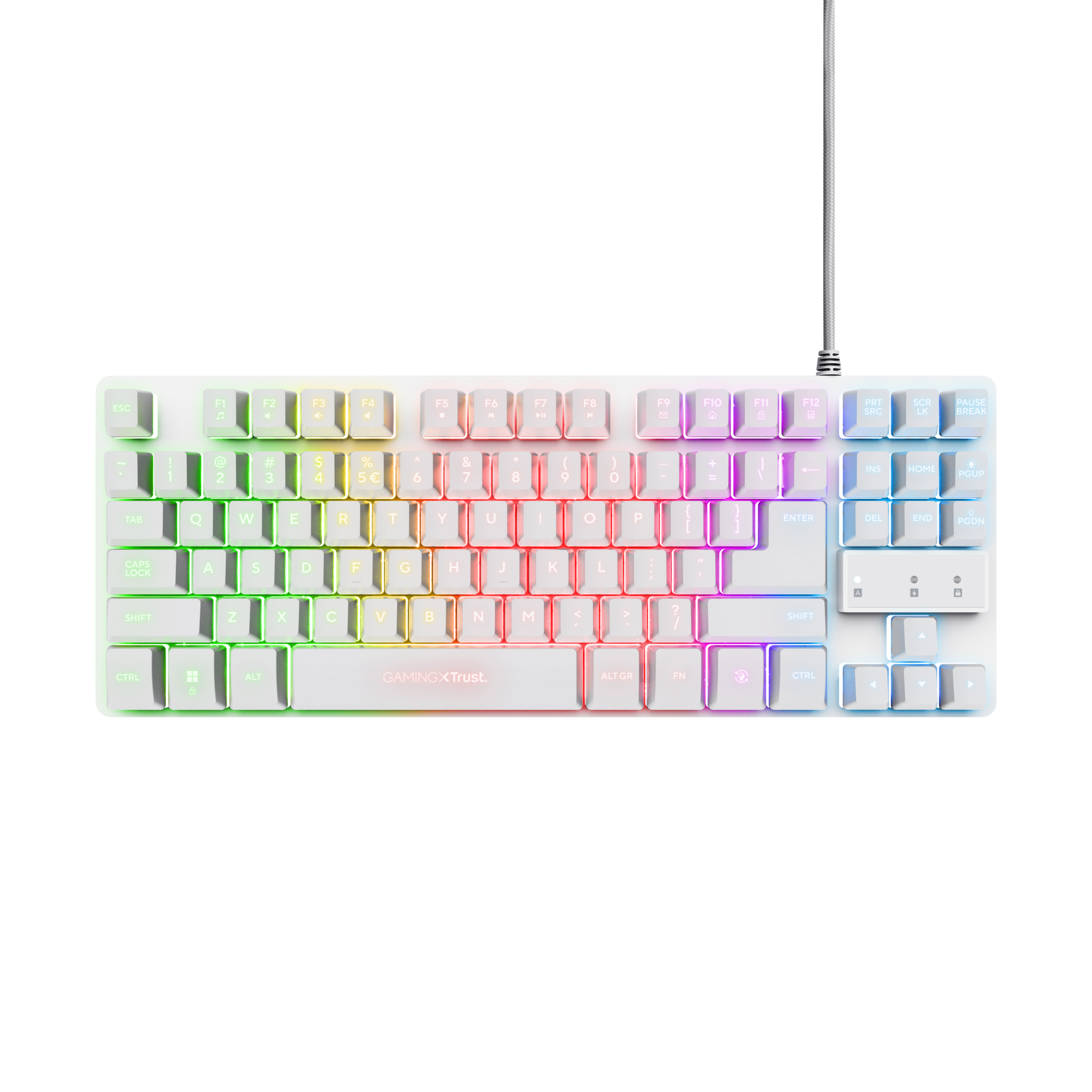 Weiße Tastatur mit bunten Tasten. Hat ein Kabel. Markenname ist Gaming X Trust.