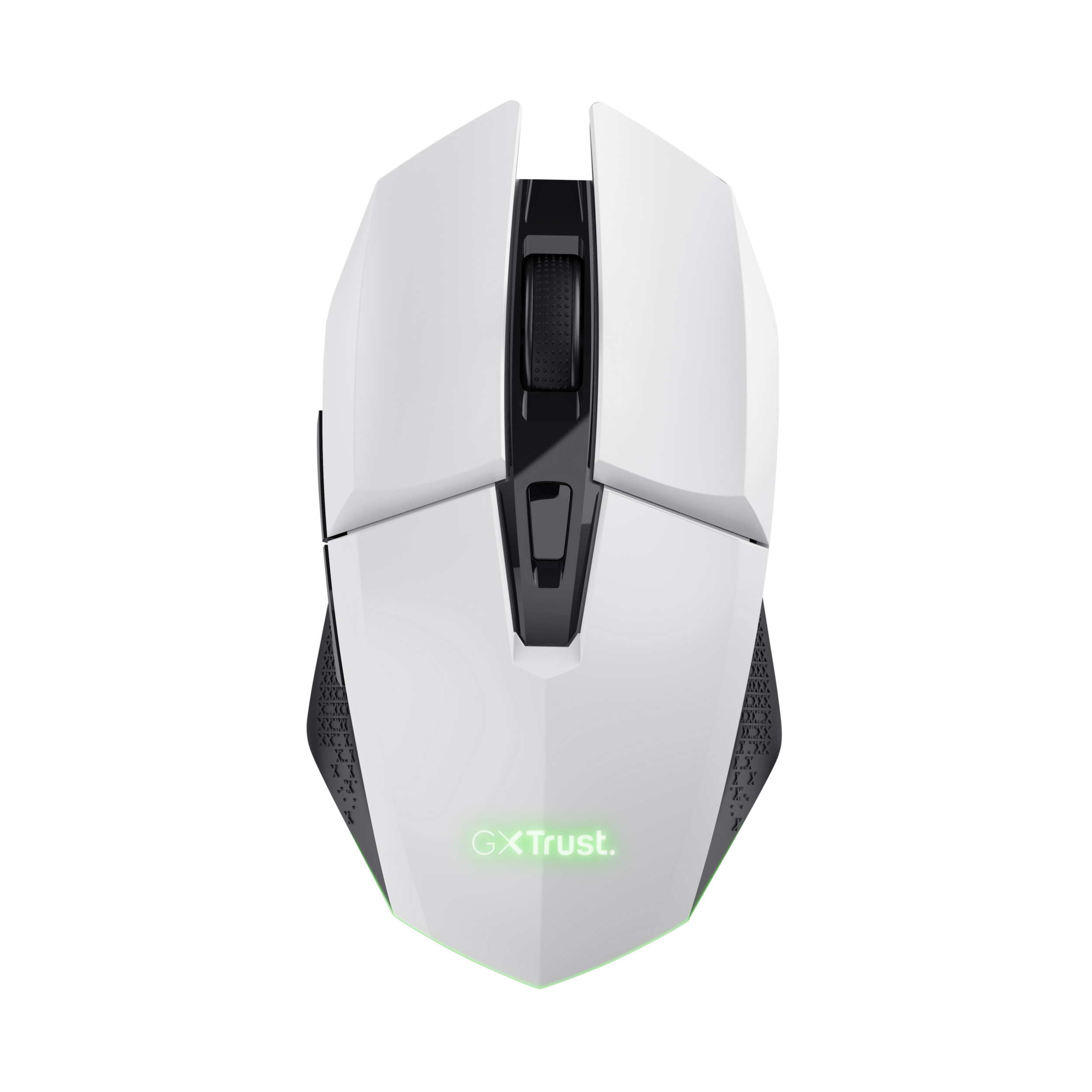 Weiße und schwarze Gaming-Maus mit GX Trust Logo, auf weißem Hintergrund.