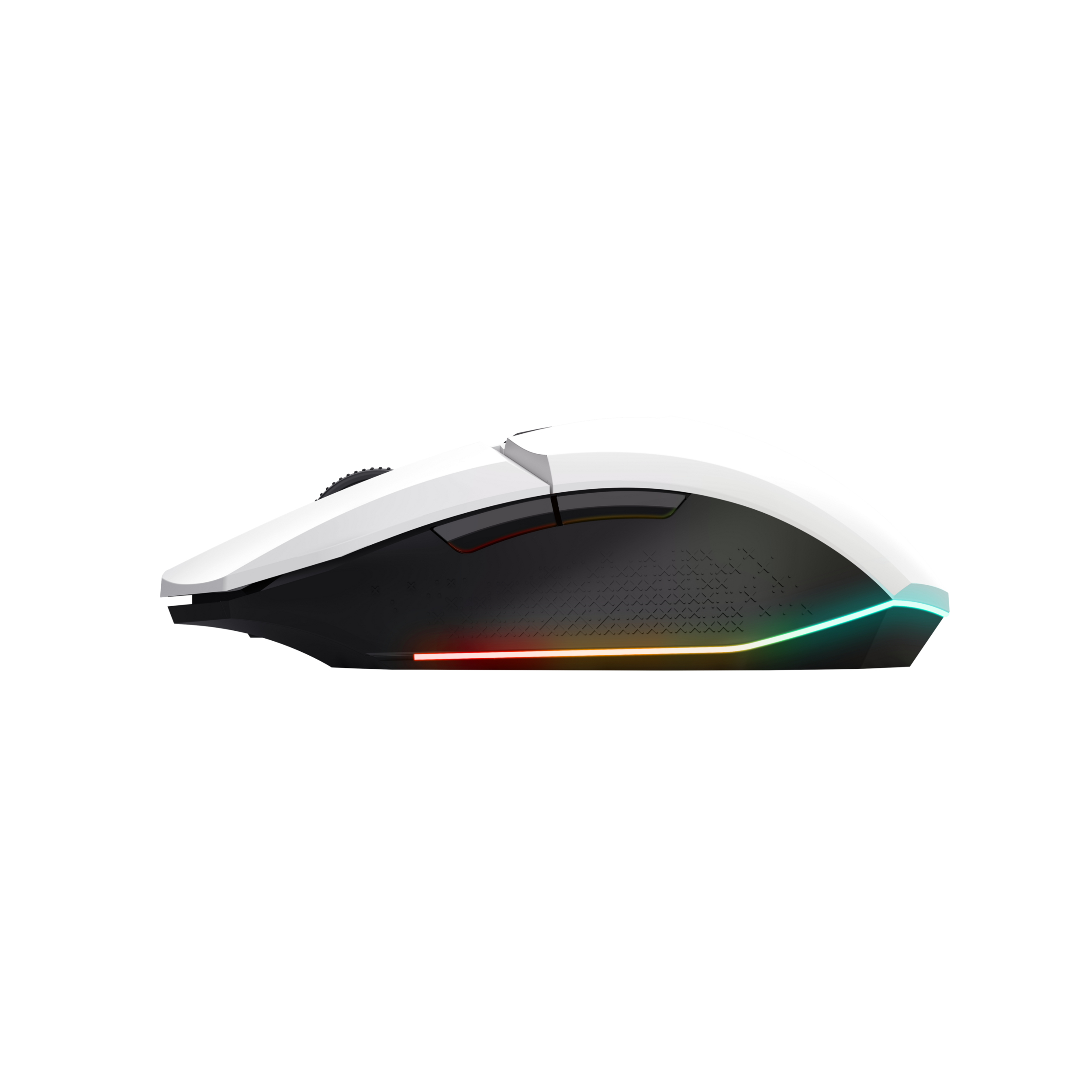 Weiß-schwarze Gaming-Maus. Hat ein Scrollrad, Seitentasten und einen farbigen Streifen.