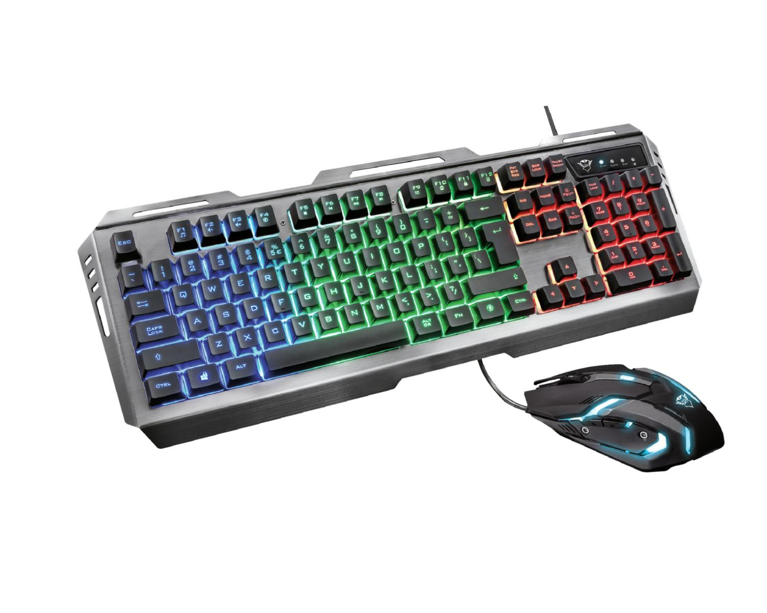 Combo tastiera e mouse gaming. Tastiera argento con illuminazione LED multicolore, mouse nero.