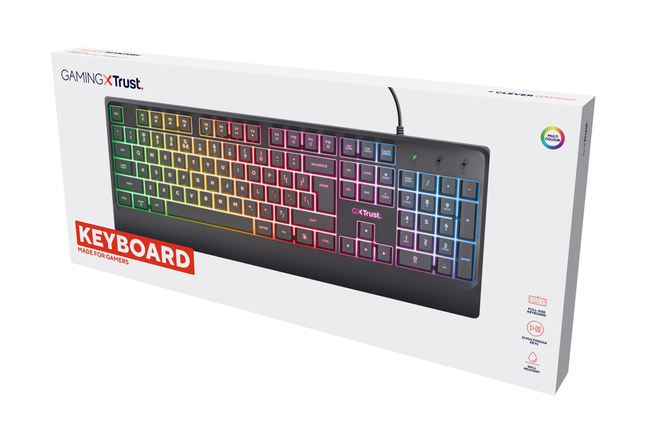 Klawiatura do gier w pudełku z podświetlanymi na tęczowo klawiszami. Z przodu napis 'KEYBOARD'.